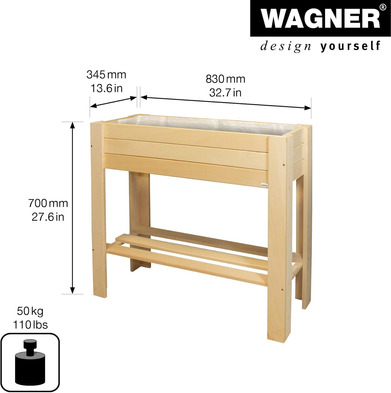 WAGNER GreenFAMILY - Raised bed - GreenBOX Light - coniferous wood, solid wood FSC®, natural, 70 x 83 x 34,5 cm, shelf, incl. plant bag - 25029001
