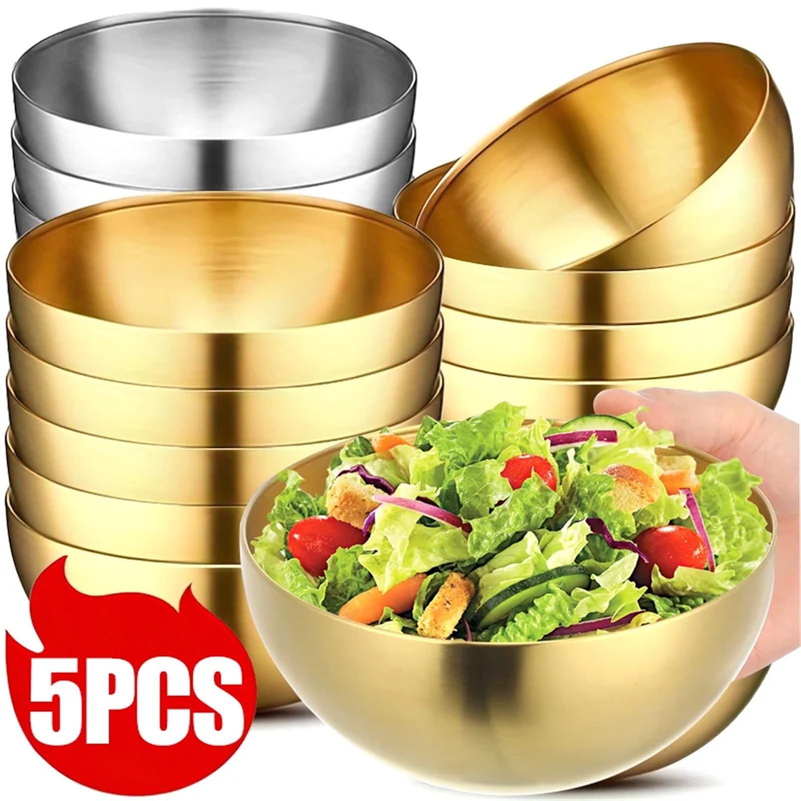 Ensaladeras de acero inoxidable | Multicolor, 1, 2, 3, 5 piezas, Preparación de comidas, Ensalada, Fruta, Pasta, Sopa, Hornear: Cocina casera(Silver,5PCS)