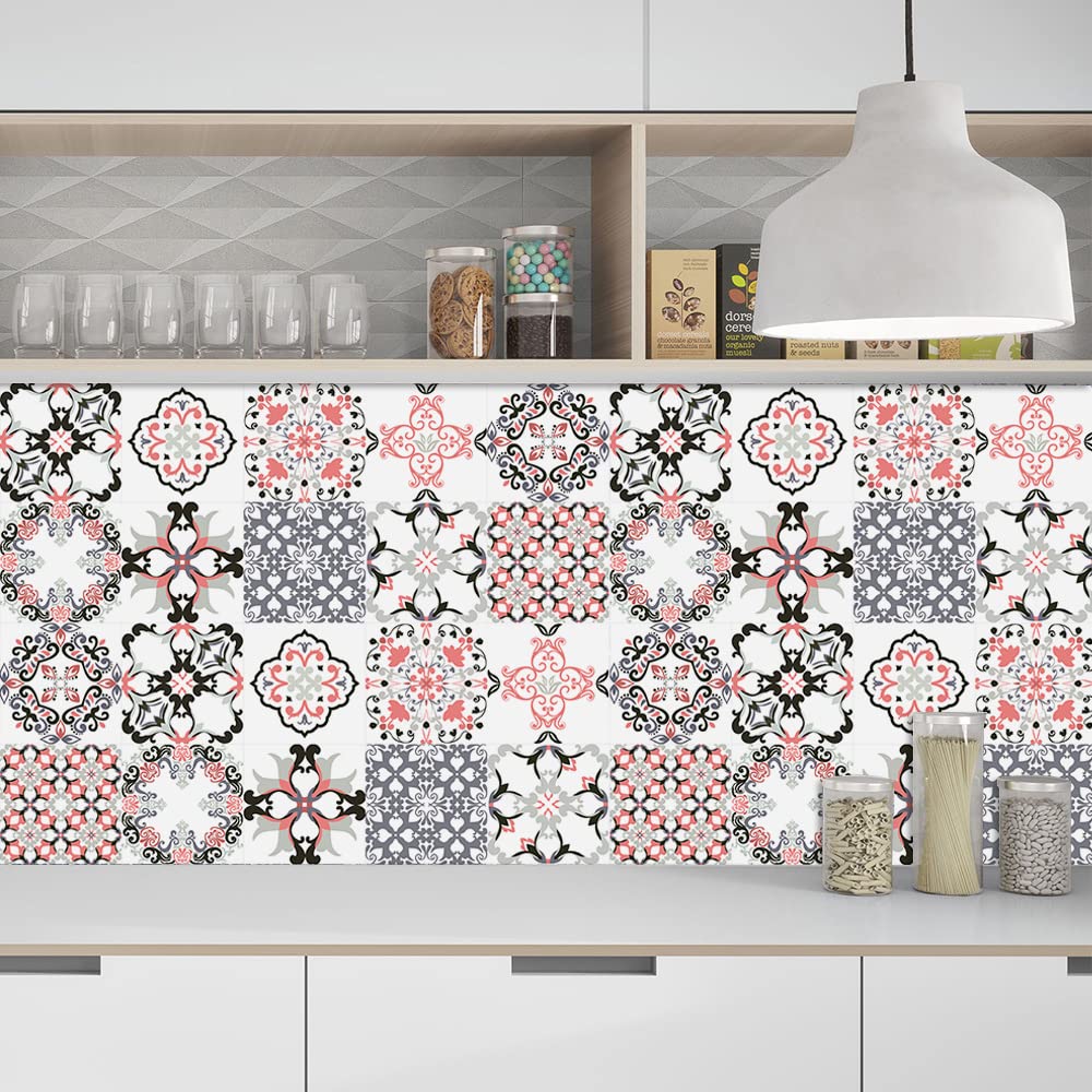 Azulejos Adhesivos Autoadhesivos Para Cocina Y Baño - Diseño Flores Rojas, PVC Impermeable, 10 Piezas 15x15 Cm