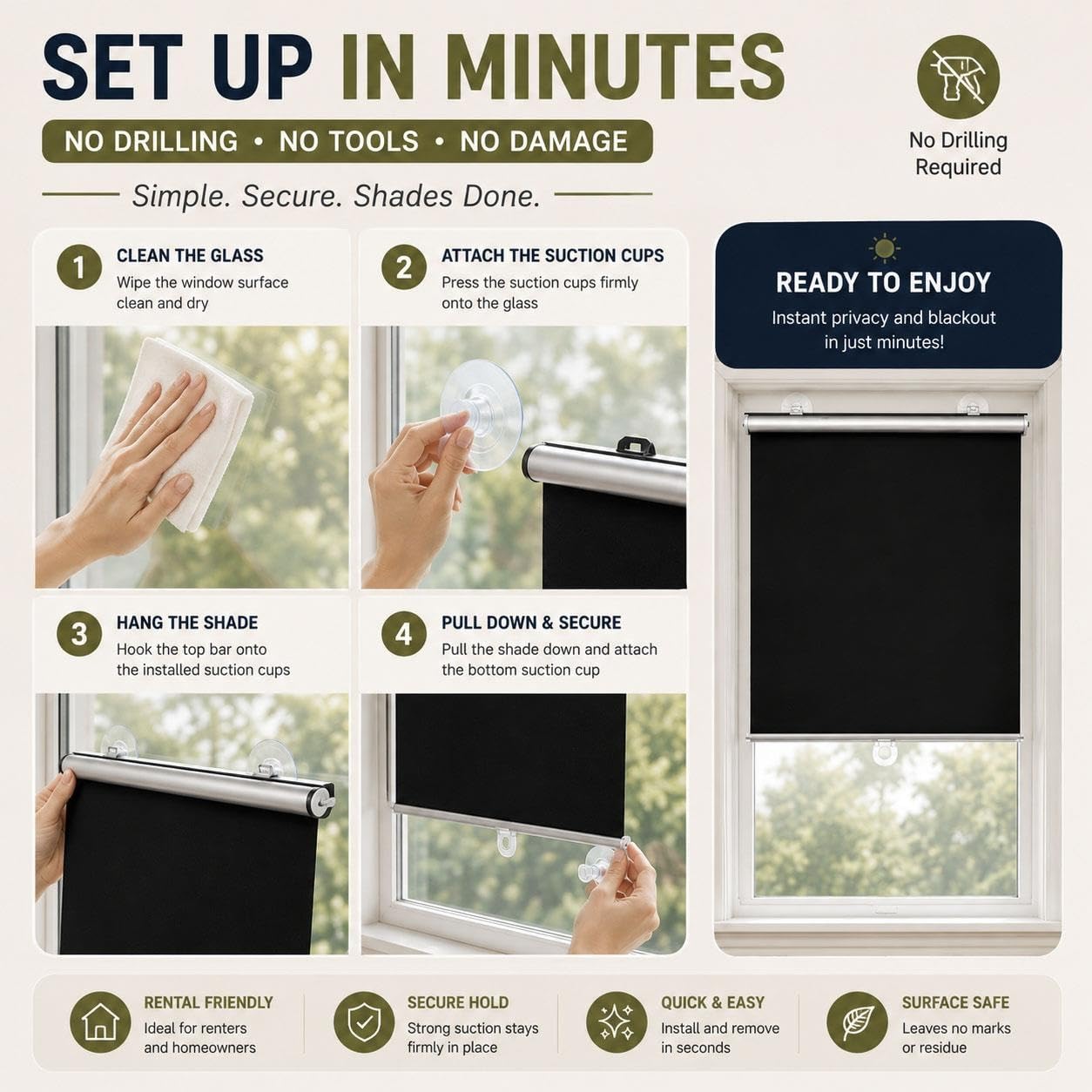 Store Enrouleur Occultant à Ventouses pour Fenêtres, Store Rétractable à Tirer sans Perçage, Protection Solaire et Intimité pour Chambre, Bureau, Cuisine, Camping-Car(W 65 x 160 cm)