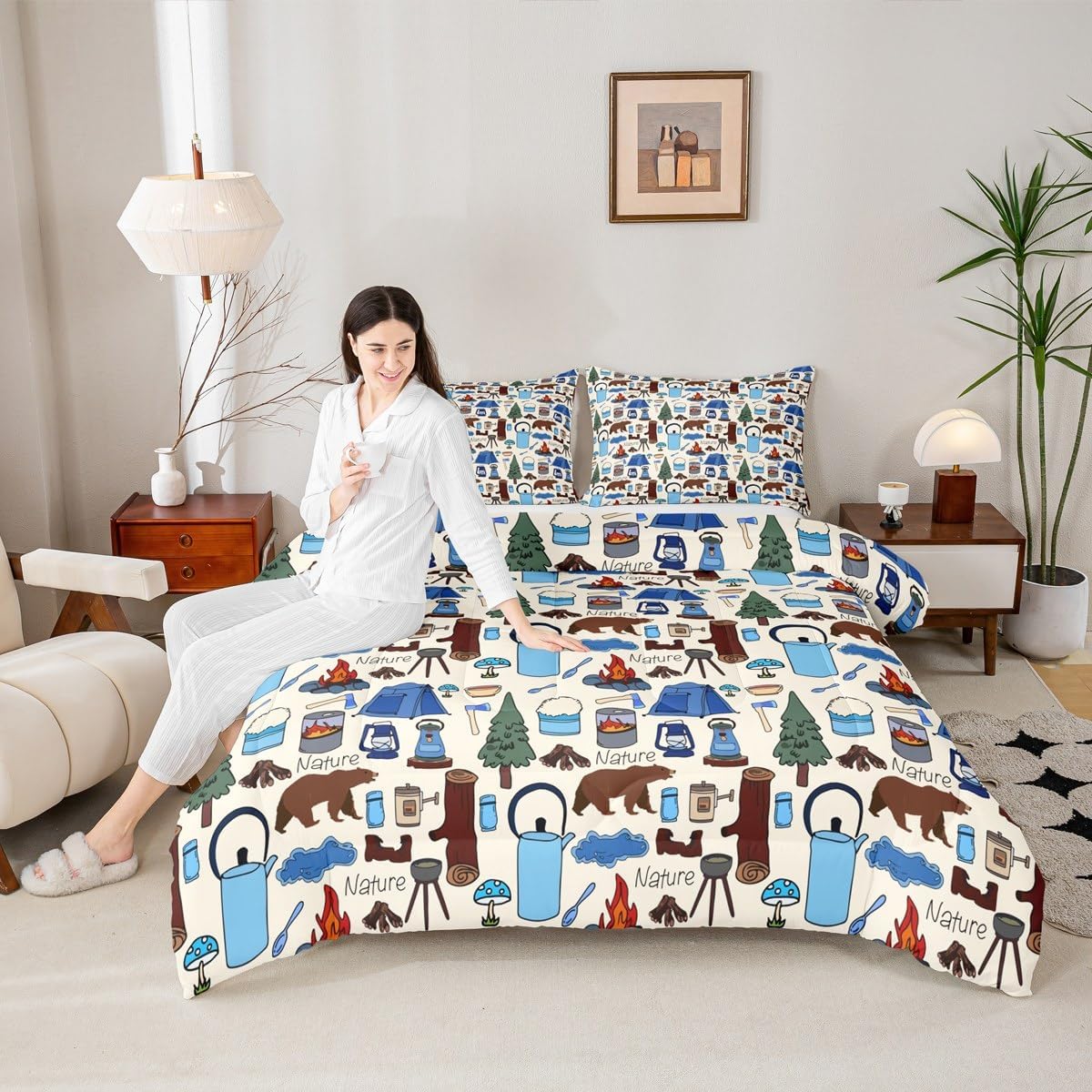 Bear Bedding Set Boys Wild Animal Comforter Set for Kids Teens Nature Wildlife Bear Bedding Set Botanical Tree Rustic Cabin Country Beige Duvet Set Room Decor Quilt Set 3Pcs Full Size