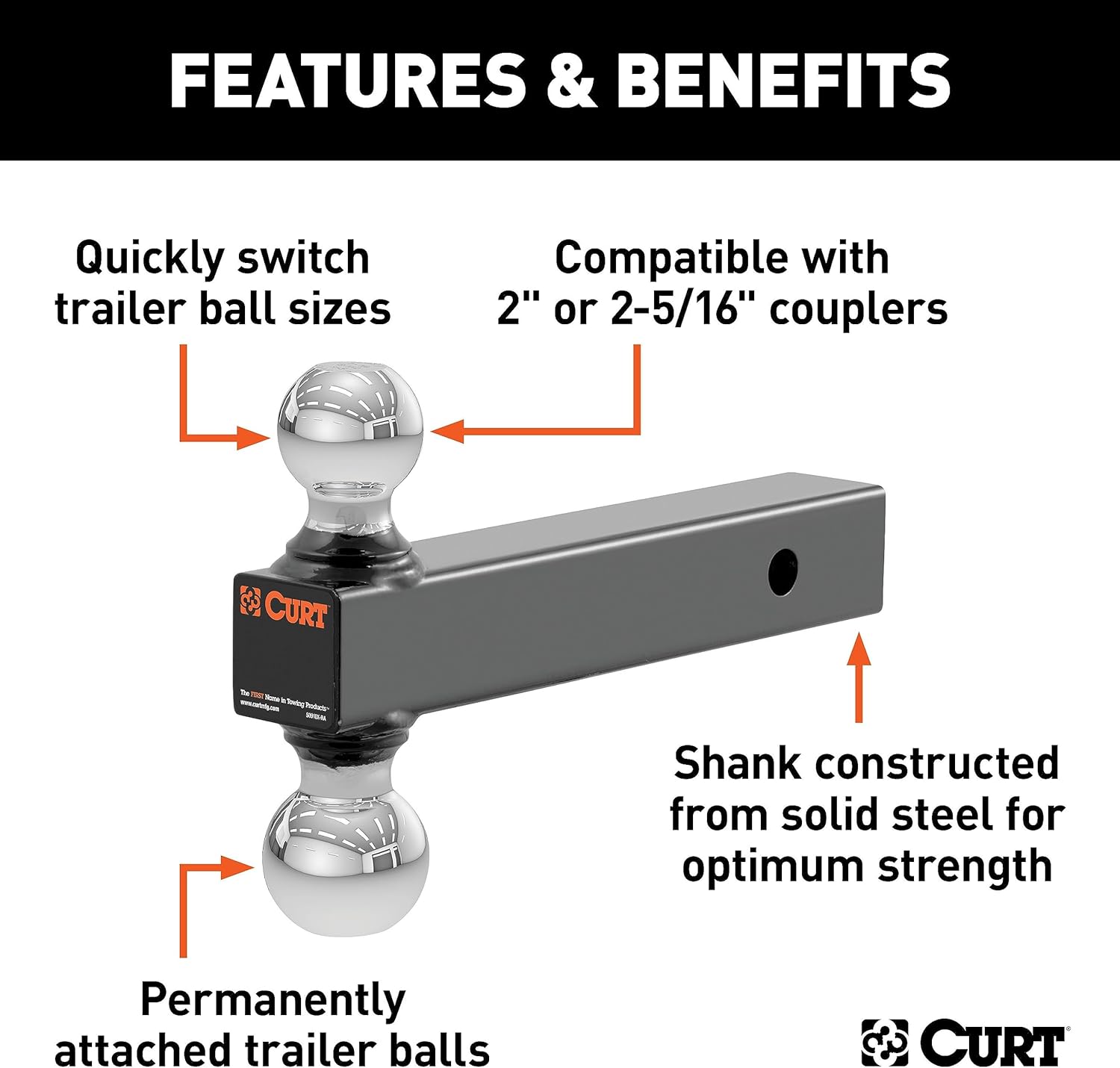 CURT 45665 Multi Ball Mount with Chrome Balls fits 2" or 2-5/16" Couplers | Mounts on Trailer Hitches with a 2" x 2" Receiver Tube Opening | Allows for Quick Changes Between Ball Sizes