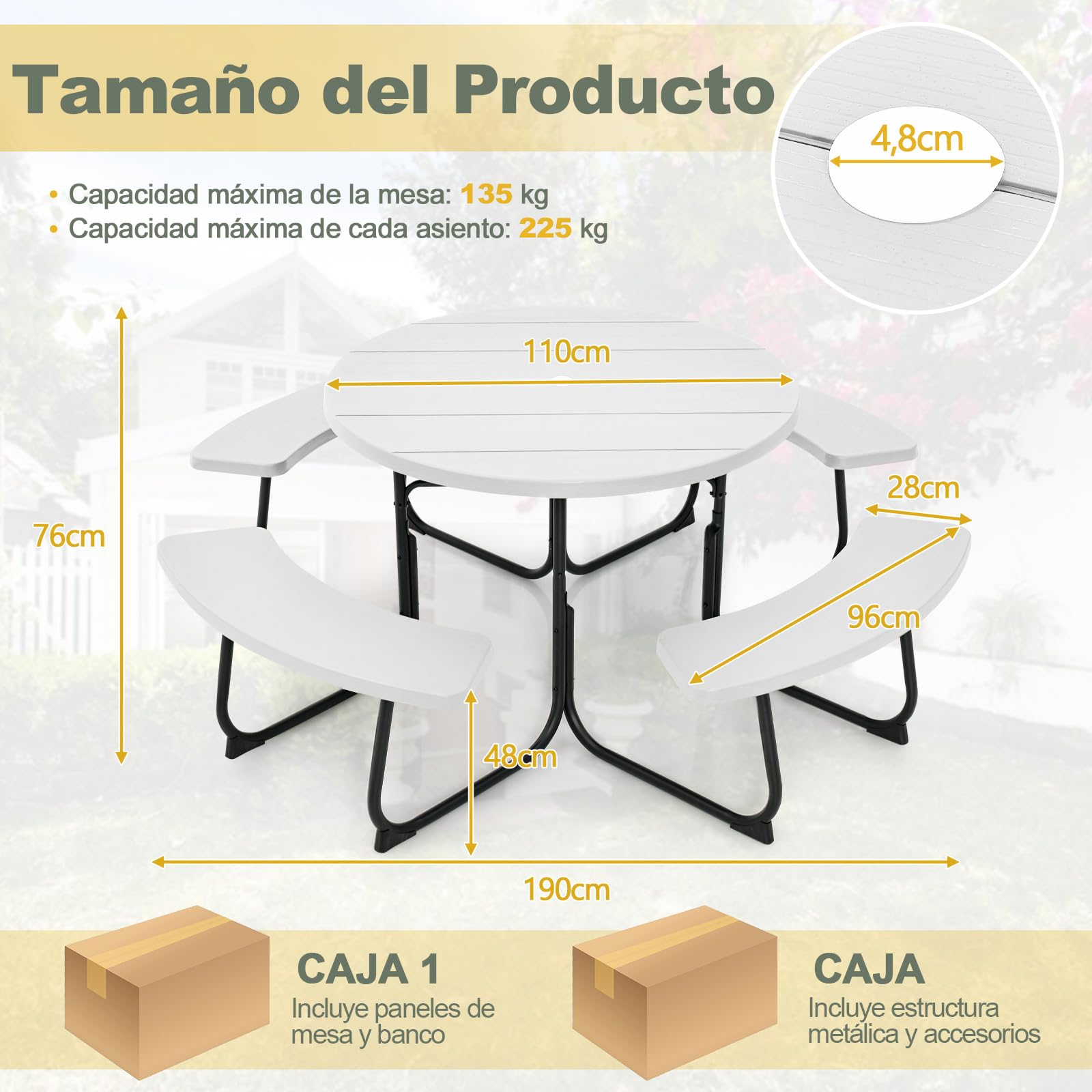 COSTWAY Conjunto de Mesa de Camping con Banco, 8 Personas, Mesa Camping Redonda con 4 Bancos,HDPE, Orificio para Sombrilla, Mesa y Sillas Jardin Patio Terraza (Blanco)