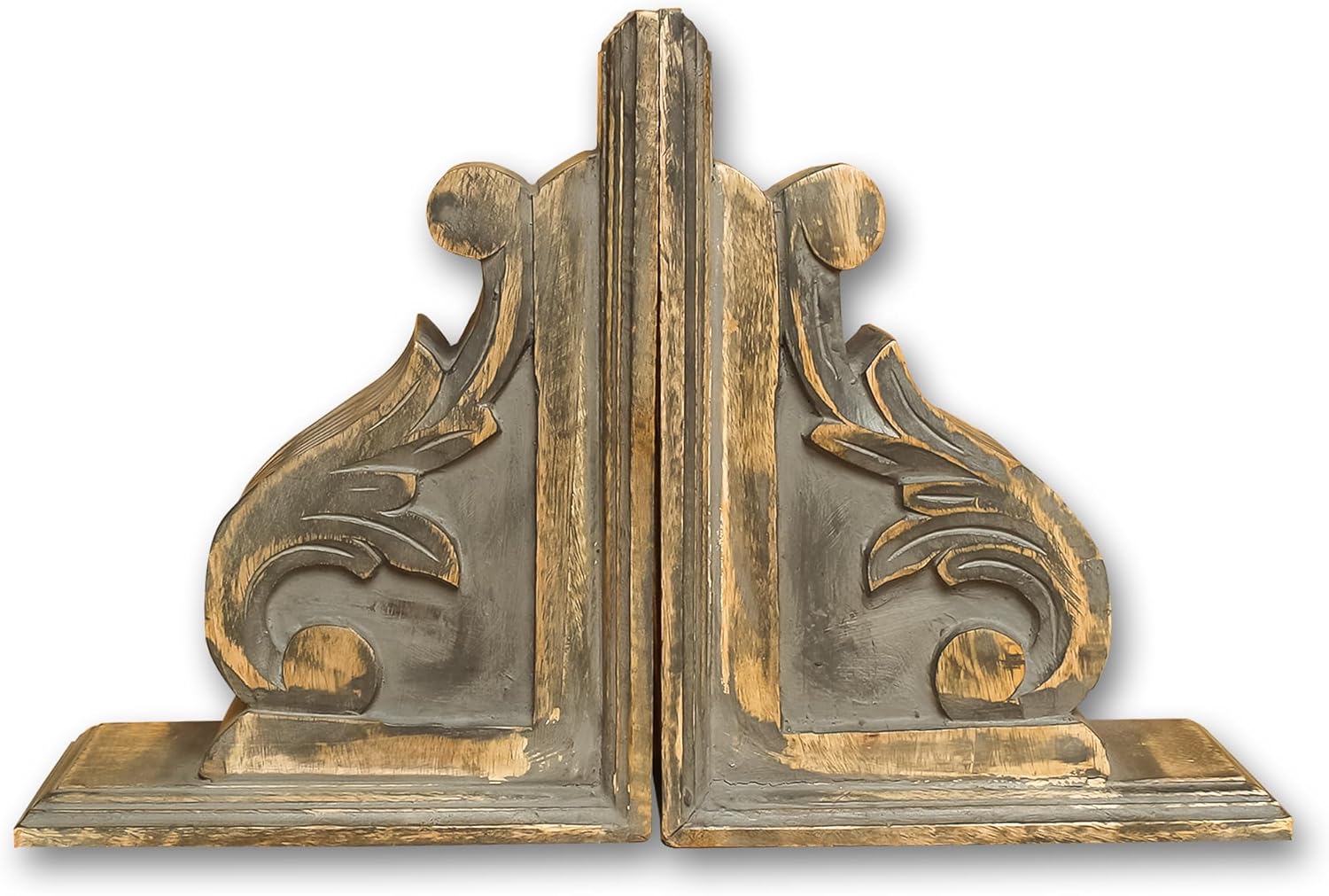 Vintage One Pair of Distressed-Finish Wooden bookends with a Carved Pattern, Perfect for Shelves, Heavy bookends for Books, and Modern Accent for Living Room,Office (Rustic Grey)