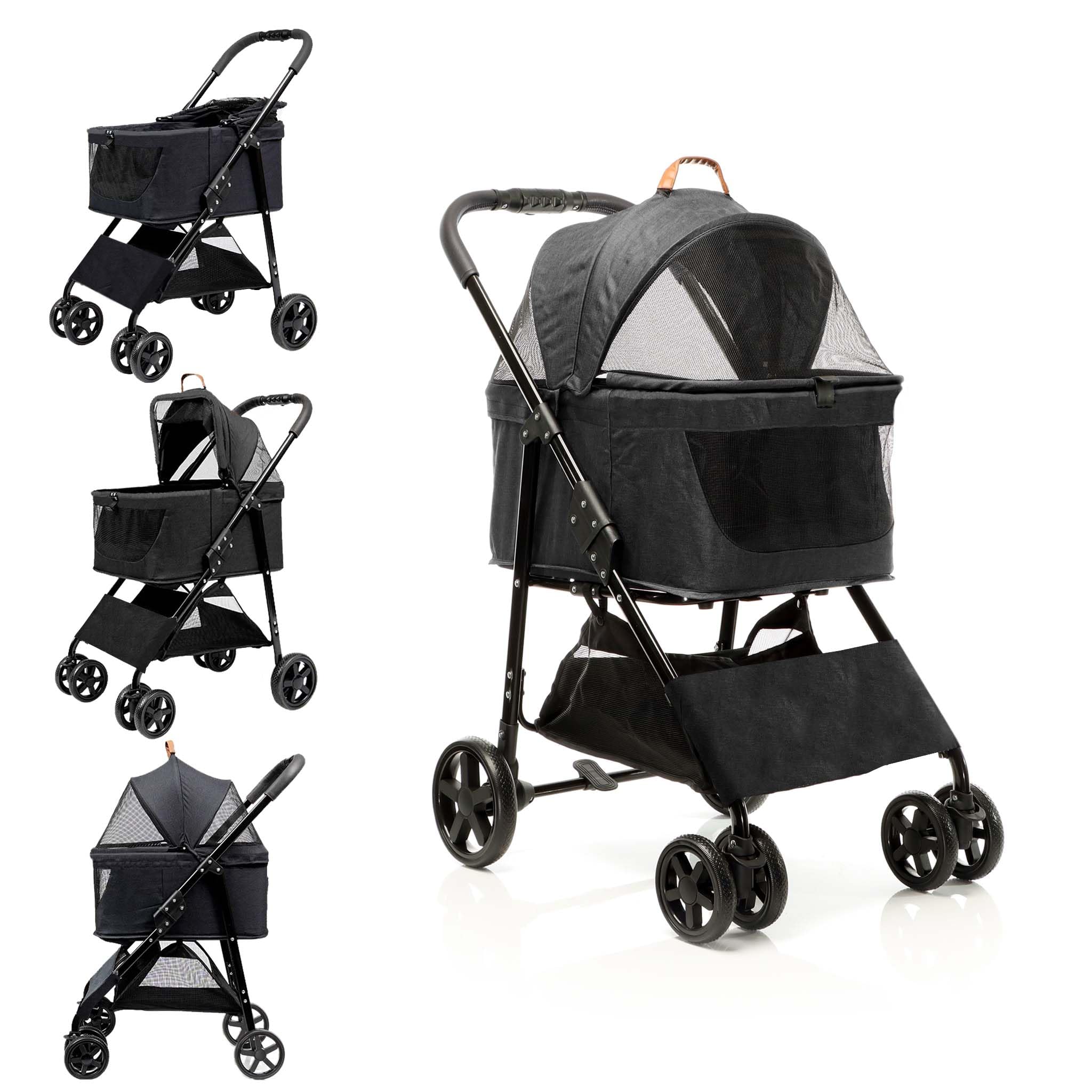 Fudajo 2in1 Hundebuggy zusammenklappbar in Schwarz, Hundewagen mit abnehmbarer Hundetragetasche, für kleine bis mittlere Hunde und Katzen