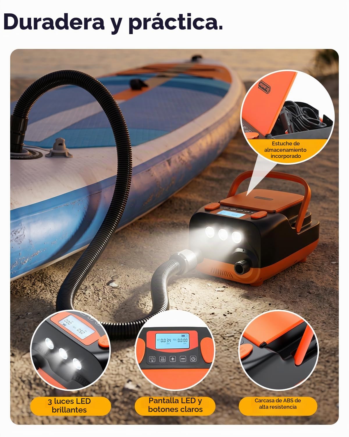 Dr.meter Bomba de Aire Eléctrica de 6000 mAh, 12V DC Coche Conector Bomba de Aire con 2 Puertos USB 3 Luces LED y 6 Boquillas para Paddle,Barco,Colchón