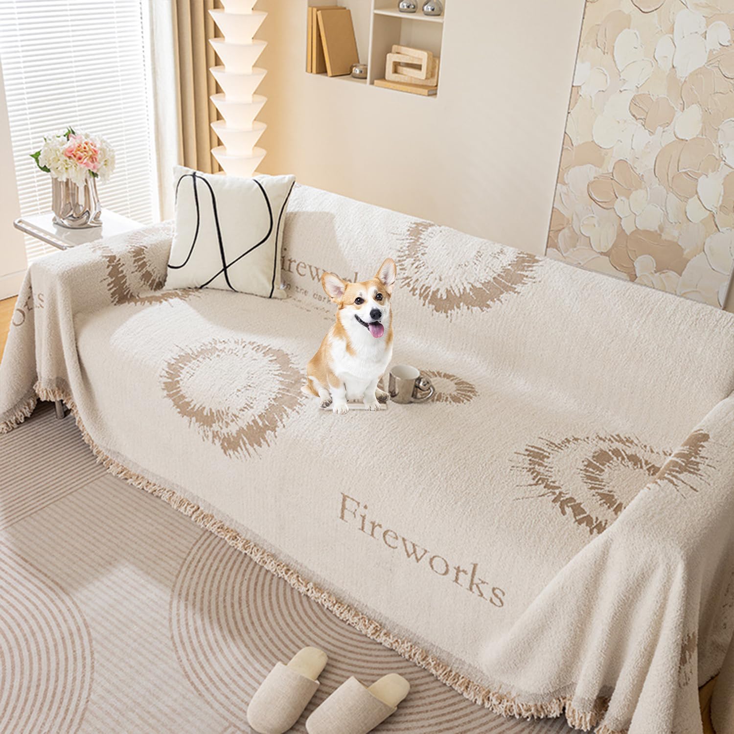 Housse de canapé d'angle en chenille beige 180x130 cm