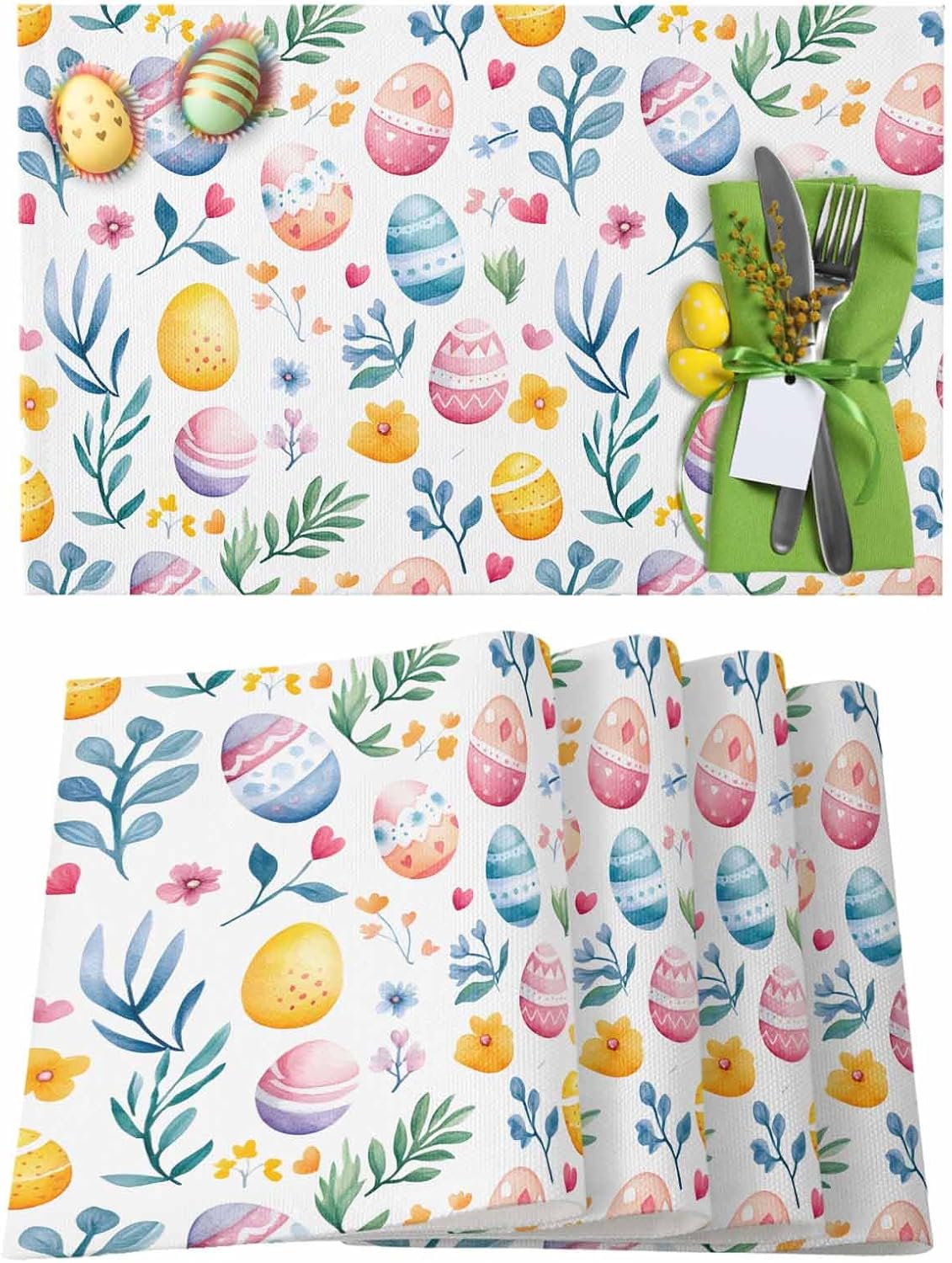 Easter Eggs Placemats Set of 1, Floral Washable Cotton Linen Table Mats for Kitchen Dining Table, Heat-Resistant Place Mats for Indoor Outdoor Parties, Spring Holiday Decorations
