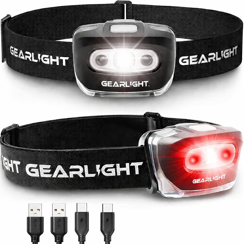 GearLight USB Rechargeable Headlamp Flashlight for Running, Camping, and Outdoor LED Headlight Camping Headlamps - Head Lamp Light for Adults, Kids, Emergency Gear - Black - 2 Pack