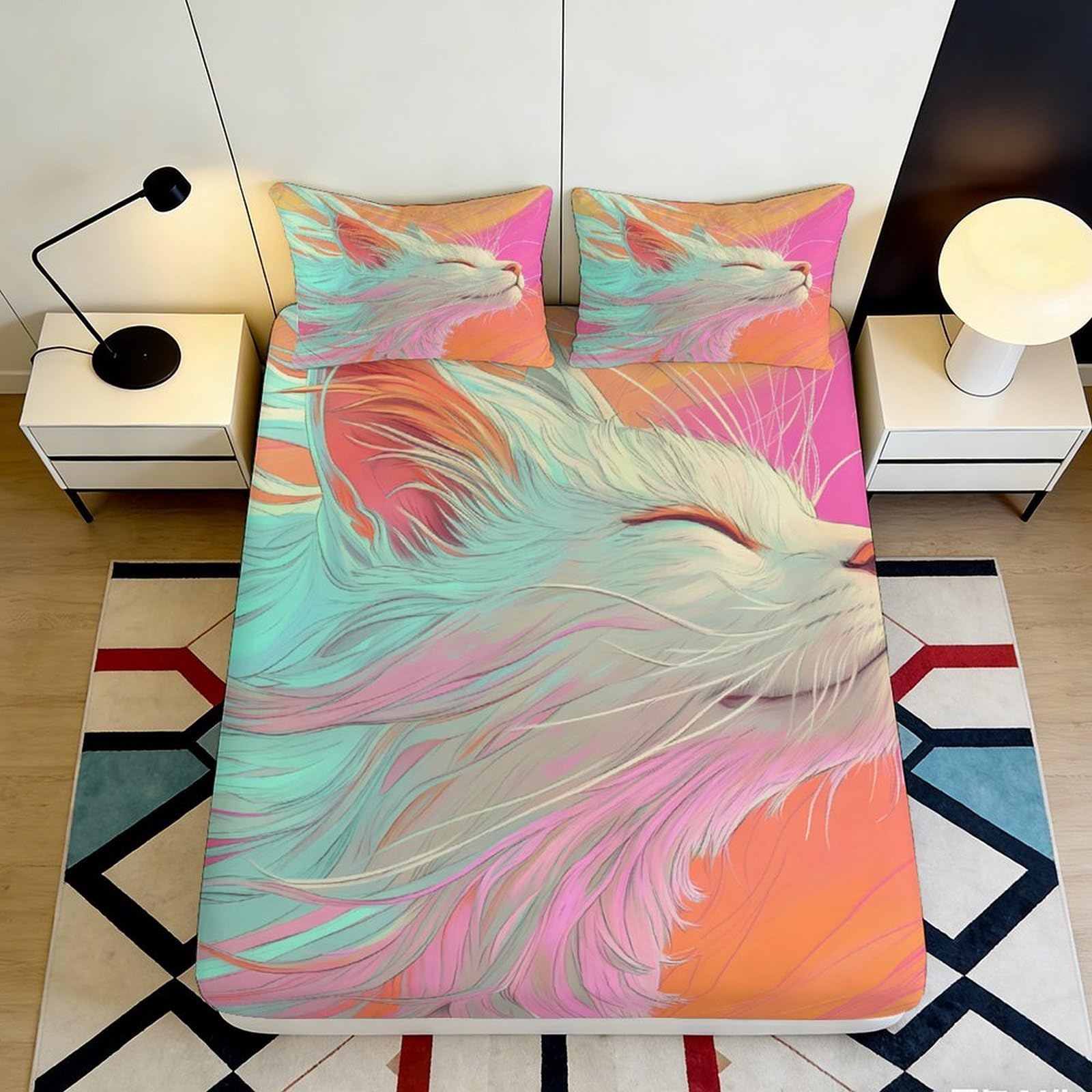 Uxinyoume Style-1 3D Printed Dreamy Cat Fitted Sheet Microfiber Soft Pastel Rainbow Bed Cover Anti-Slip Machine Washable For Bedroom Decor 90X200x25cm