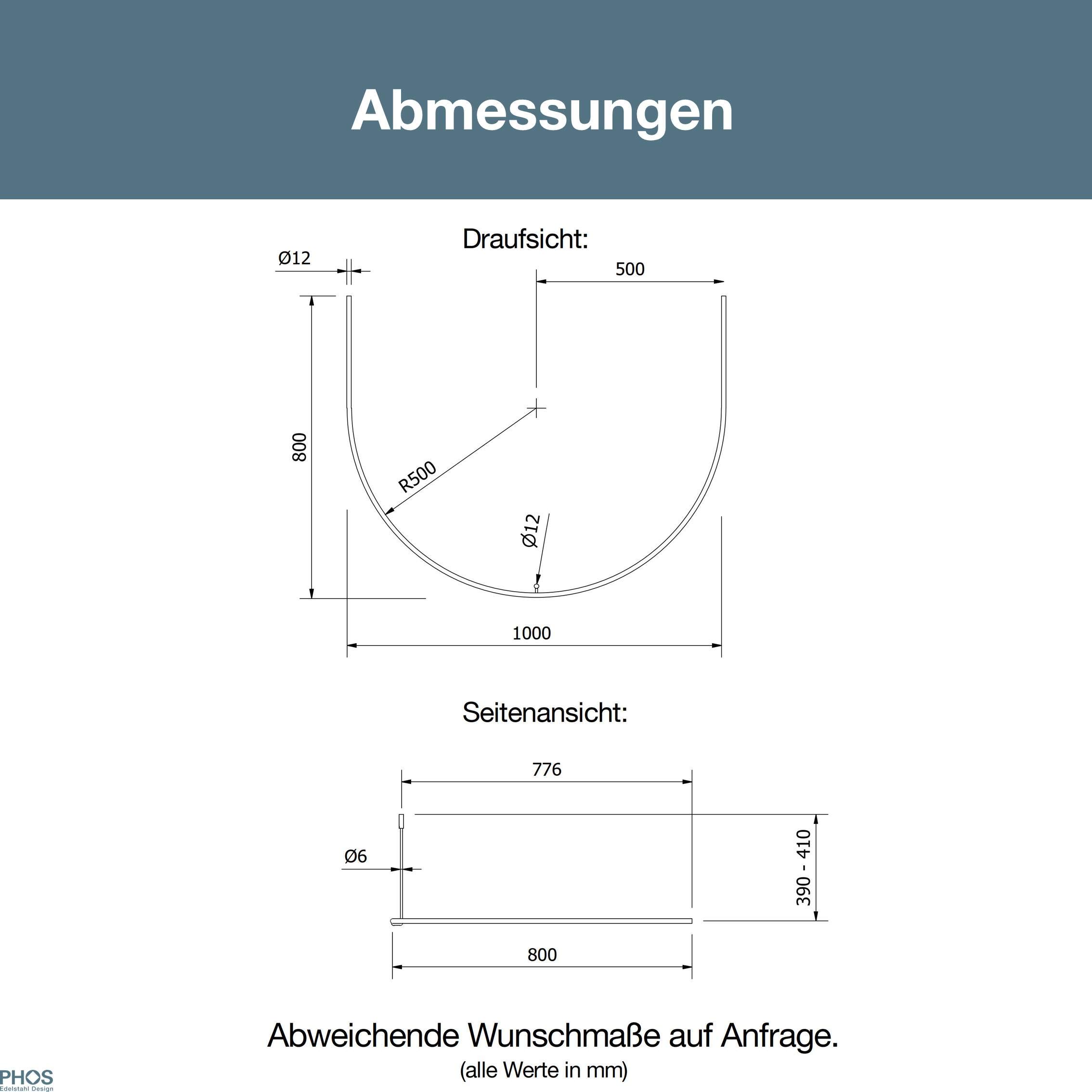 Duschvorhangstange Halbkreis, Edelstahl, 100 x 80 cm halbrund gebogen, inkl. Deckenabhängung, Duschstange - PHOS Design