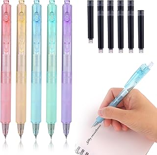 Cobee Retractable Fountain Pen Set, 5 Pcs Pastel 0.5mm Fountain Pen with 10 Pcs Black Ink Sac Smooth Writing Pen Aesthetics Extra Fine Point Pen Smooth Writing for Journaling Calligraphy