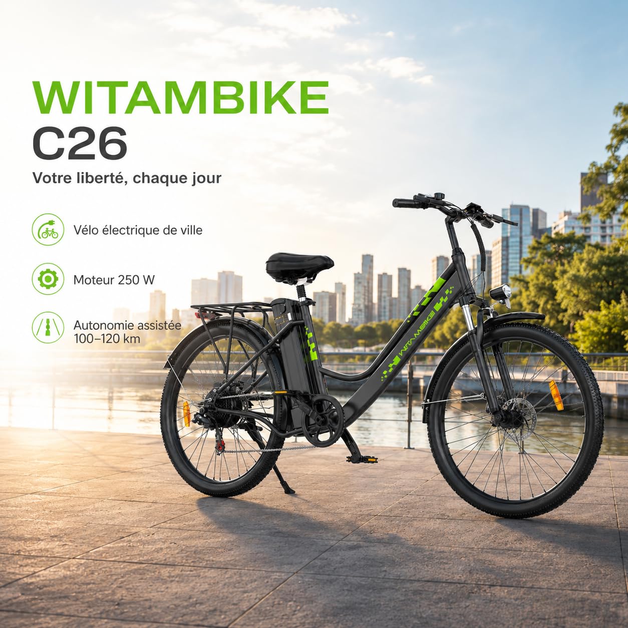 Bici Elettrica Urbana 250W | Batteria 36V 20Ah, Autonomia fino a 120km, Cambio 7 Velocità, Freni a Disco, Display LED, Telaio in Acciaio per Altezze 165-195 cm