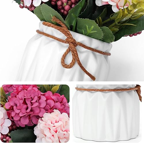 Miniatura 10 de Fumwase Ramo de hortensias artificiales con pequeño jarrón de cerámica, plantas de flores artificiales, mini flores de hortensias falsas, decoración