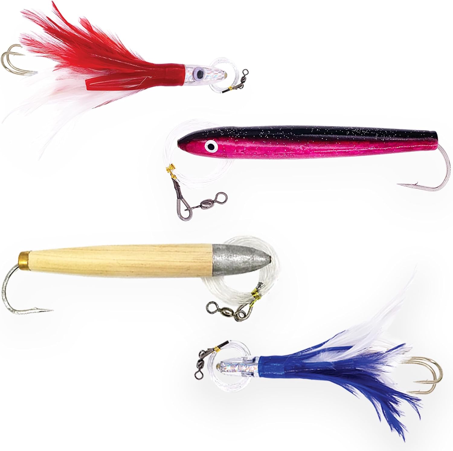 6" Cedar Plugs and Tuna Feather Lures Set,4 Pieces with Lure Bag, Ideal for Offshore Trolling & Tuna Fishing Gear