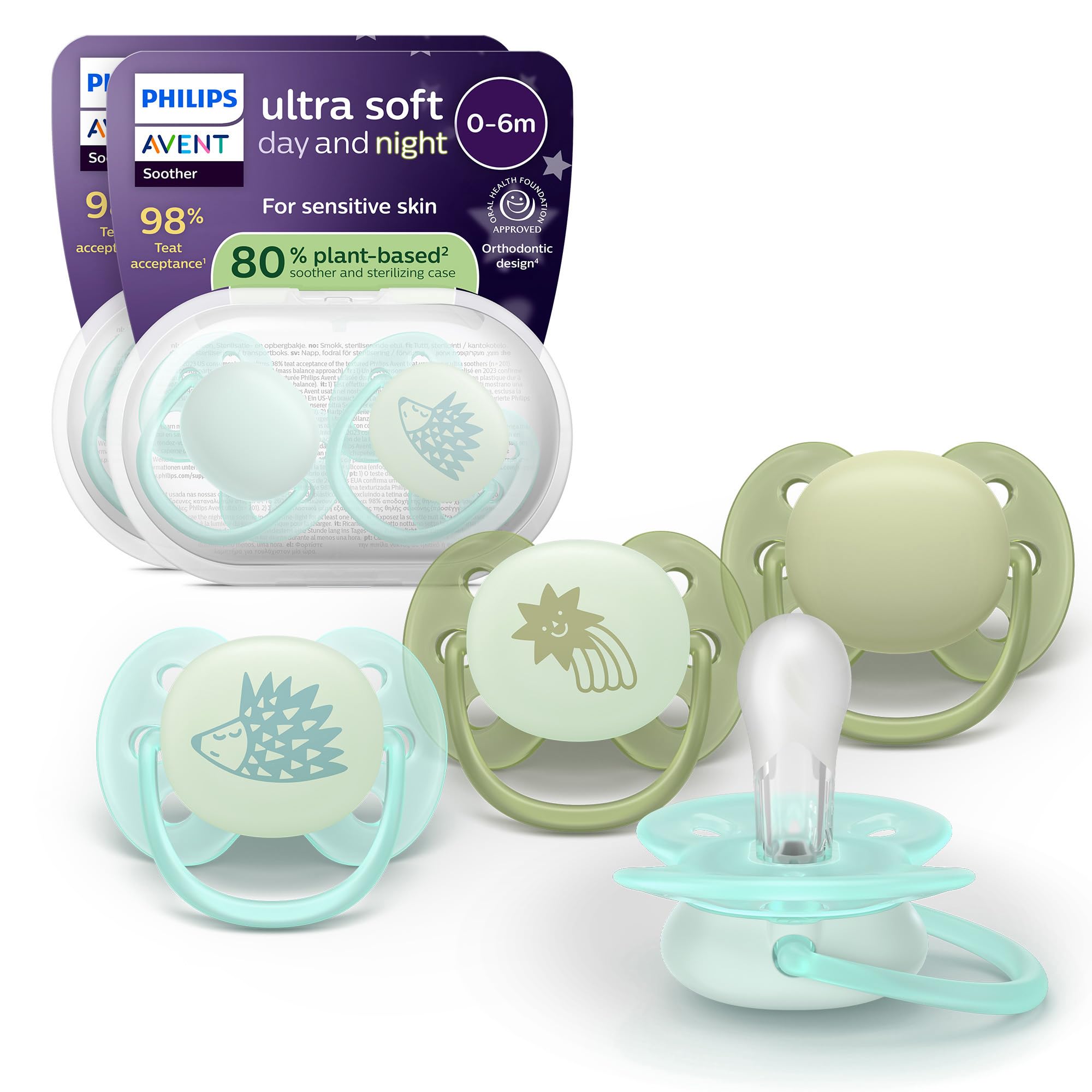 Philips Avent Ciucci Ultra Soft Day & Night – Design ortodontico, da 0 a 6 mesi, si illuminano al buio, tettarella in silicone, no BPA, custodie per sterilizzazione, pack da 4 pezzi, SCF094/09