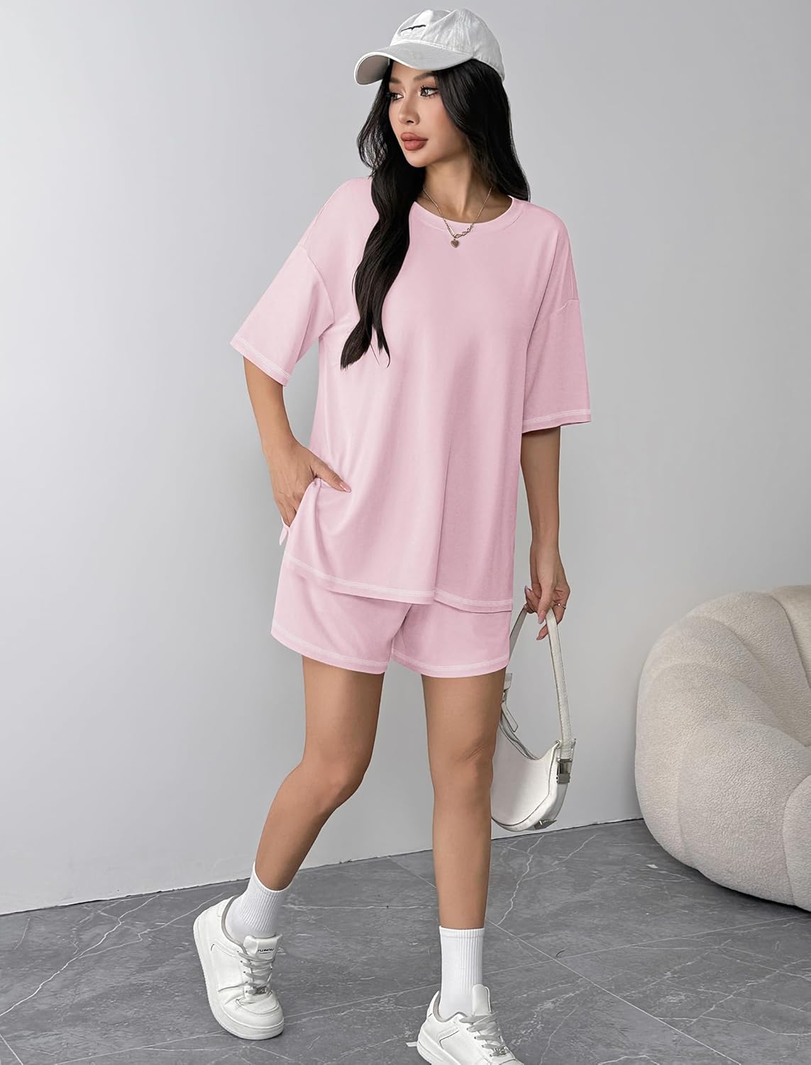 Ekouaer Lounge Sets for Women 2 Piece Shorts Sets Moisture Wicking Casual Summer Short Sleeve Matching Outfits with Pockets - Image 5