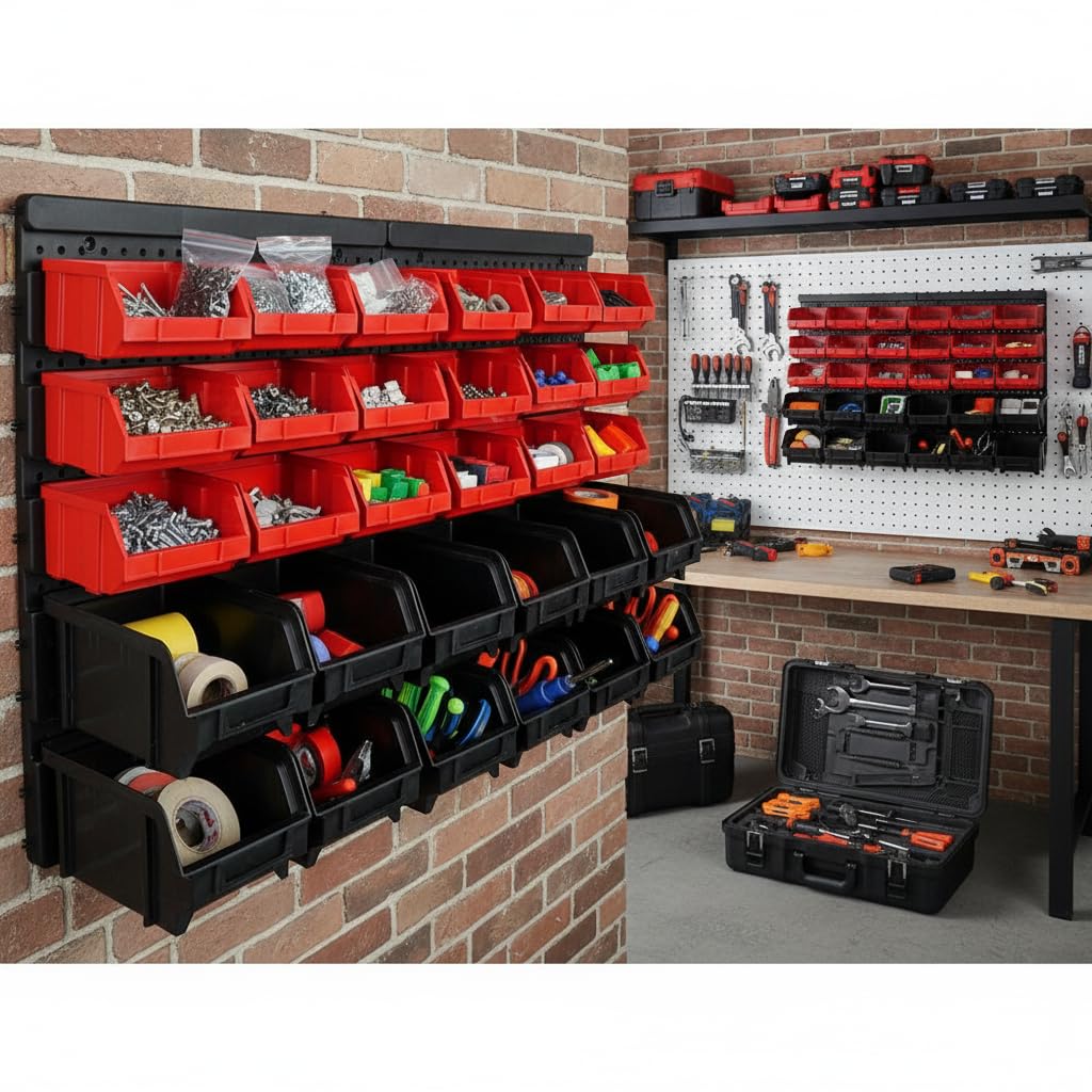 ORDER Werkstatt Lot de 30 boîtes empilables en rouge/noir, organiseur suspendu avec boîtes de tri, 64 x 2 x 38 cm, montage possible