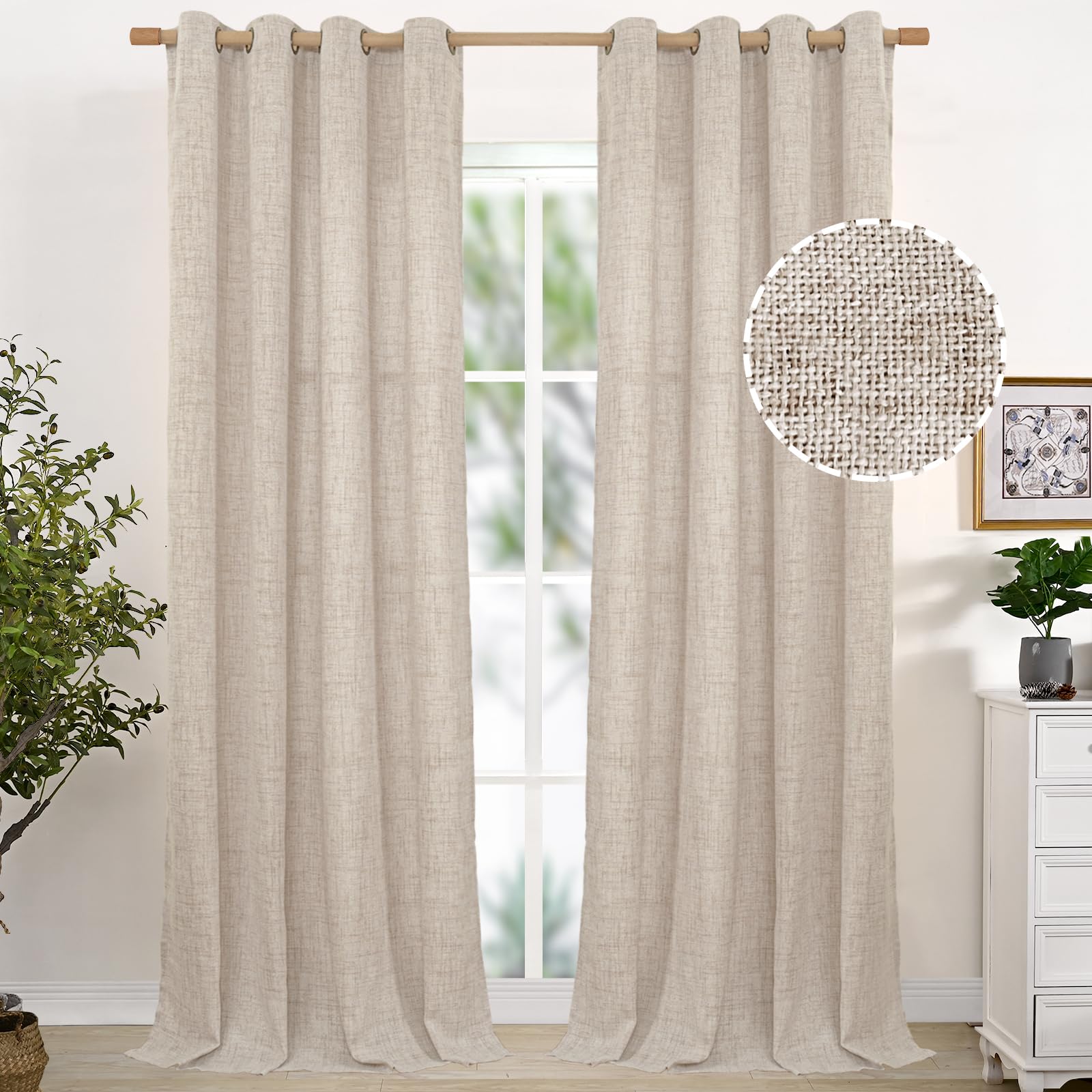 YoungsTex Natural Linen Curtains for Living Room 95 Inches Long Bronze Grommet Burlap Linen Textured Dining Room Drapes Light Filtering, 2 Panels, 52 X 95 Inch