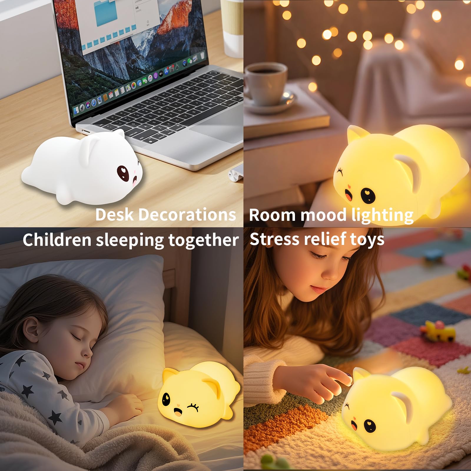 Colorful Life Linda luz de grifo de silicona para gatos, luz nocturna suave con 3 modos de color, lámpara LED recargable para mesita de noche para niños y niñas (blanco cálido, se ilumina cuando se