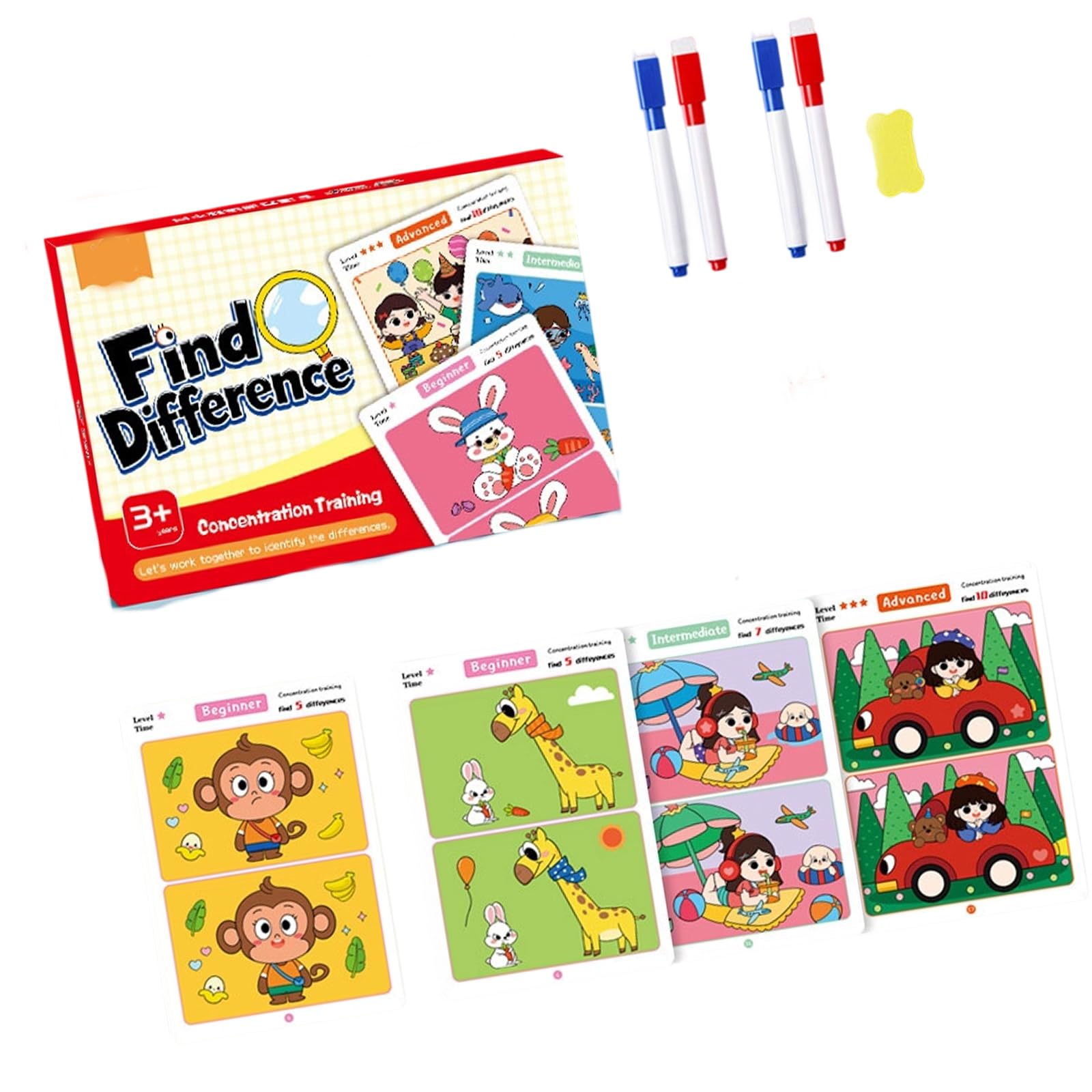 Reusing Spots the Difference Cards Visual Discrimination Practice Cards Set for Children Kids Fun Learning Activity Concentration Training Game for Children