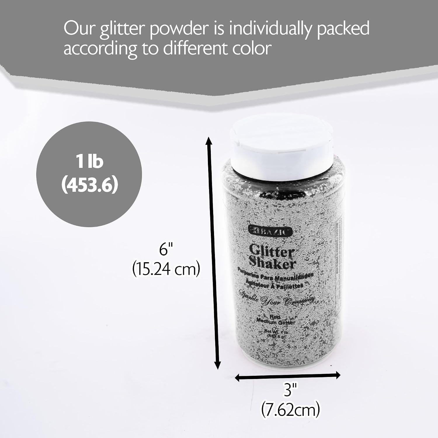 BAZIC Glitter Shaker 1 LB Silver Metallic Color, Sparkling Powder in Large Jar for Kids Slime Paints Crafts Nail Art Polish Skin Halloween Party, 1-Pack