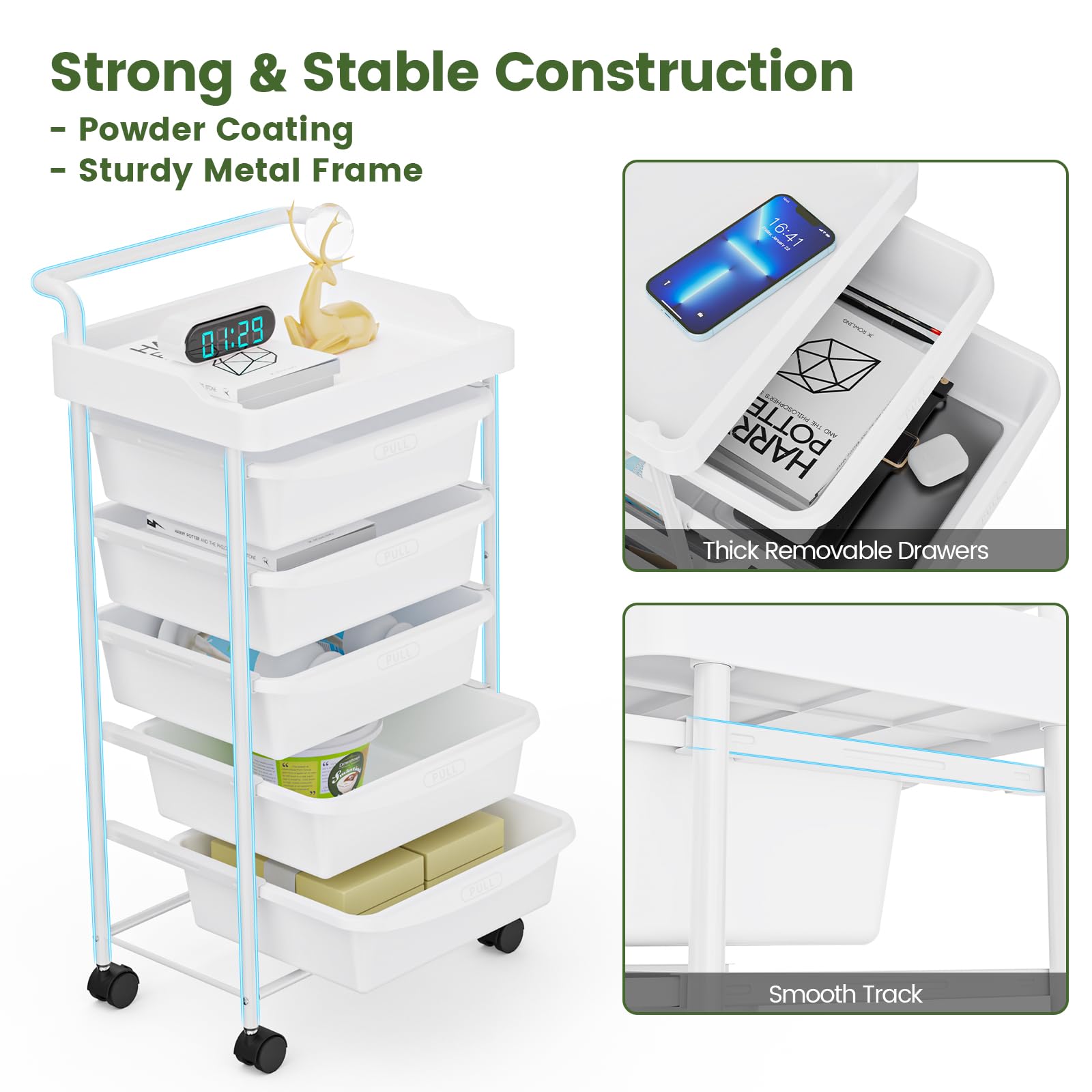 Carrito Auxiliar de 5 Cajones con Ruedas y Cajones Estetica Ahorro de Espacio Carro Organizador para Cocina Baño Dormitorio Oficina (Blanco)