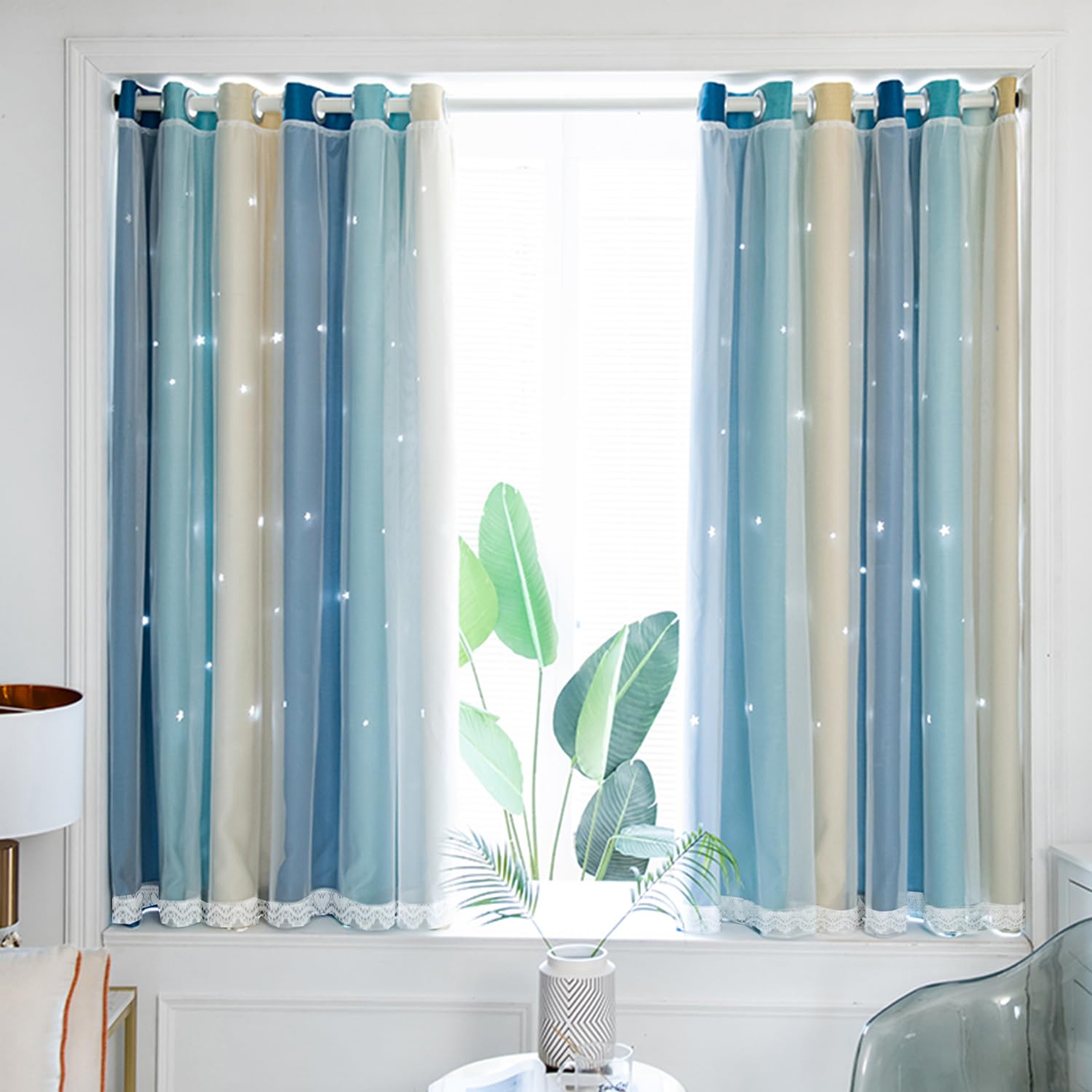 Yancorp Curtains for Girls Bedroom Kids Curtain Hollow-Out Star Window Nursery Curtain 84 inches Length Room Darkening Grommet 2 Layers (Blue Beige, W34 X L84)