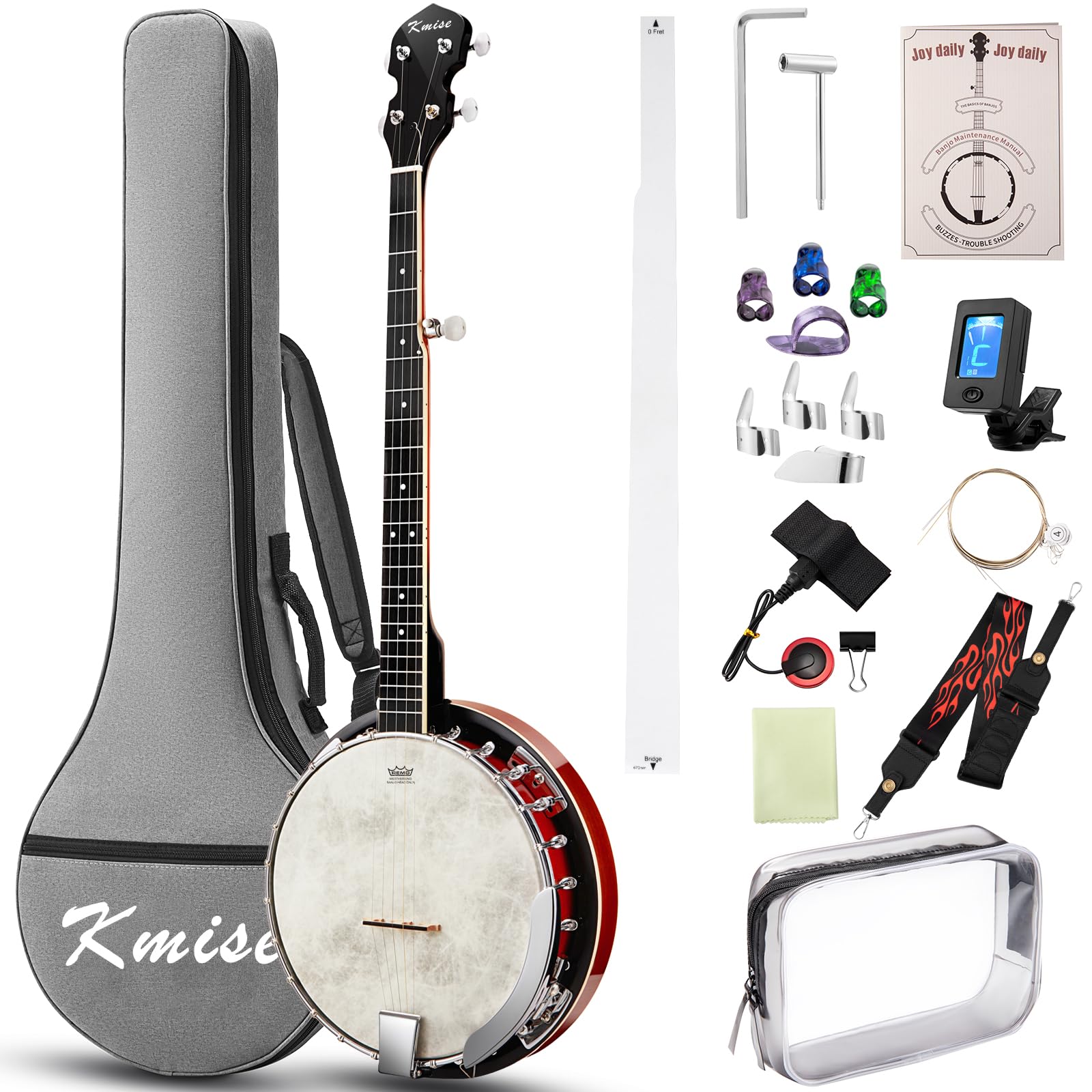 Kmise Banjo per mancini a 5 corde per mancini con testa Remo Full Size 96,7 cm, retro chiuso con risonatore rimovibile, pacchetto di corde, plettri per dita, cinghia, custodia per principianti e