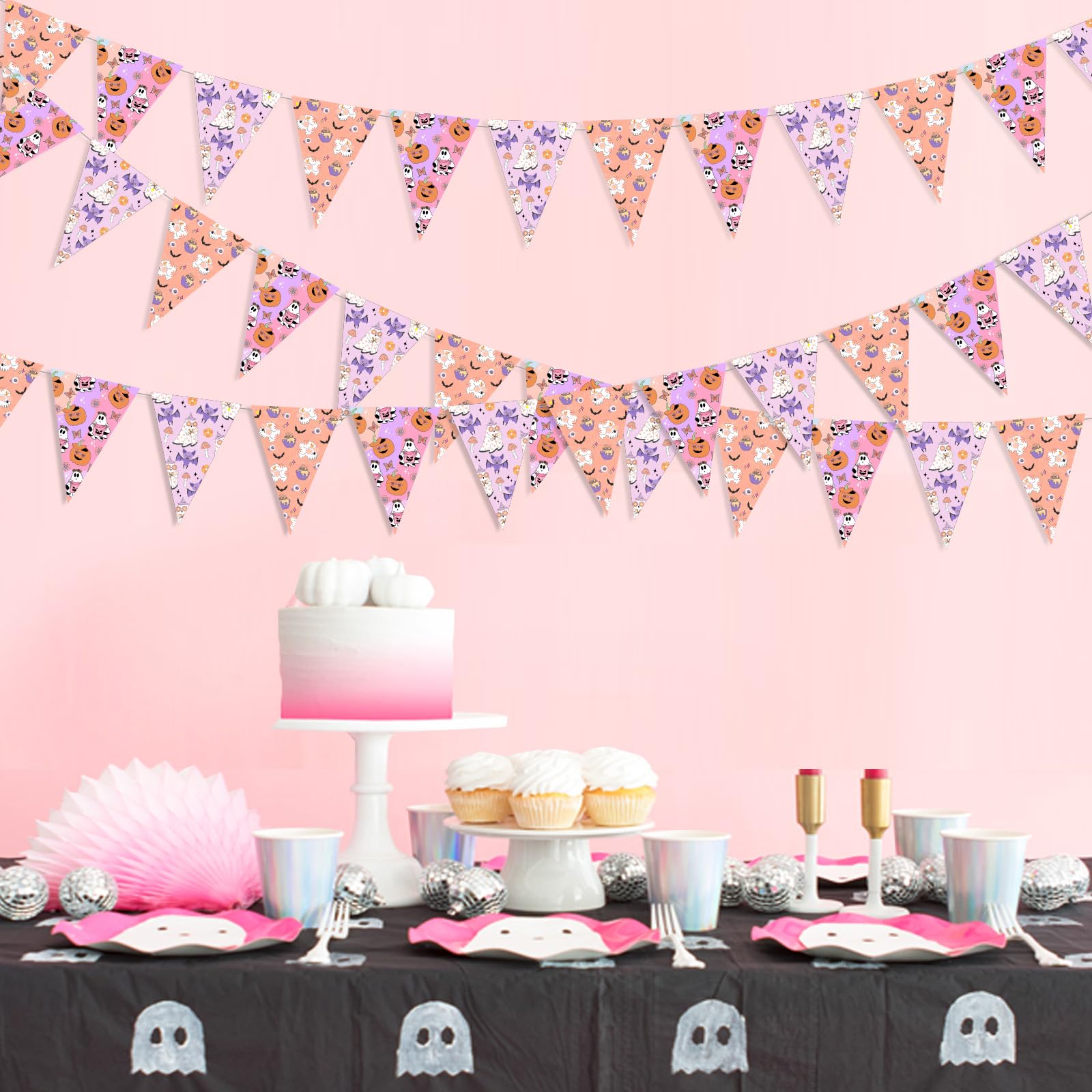 Wonmelody 3-Piece Pennant Banner Triangle Flags with Ghost, Pumpkin, Bats for Halloween, Boho, Groovy Party