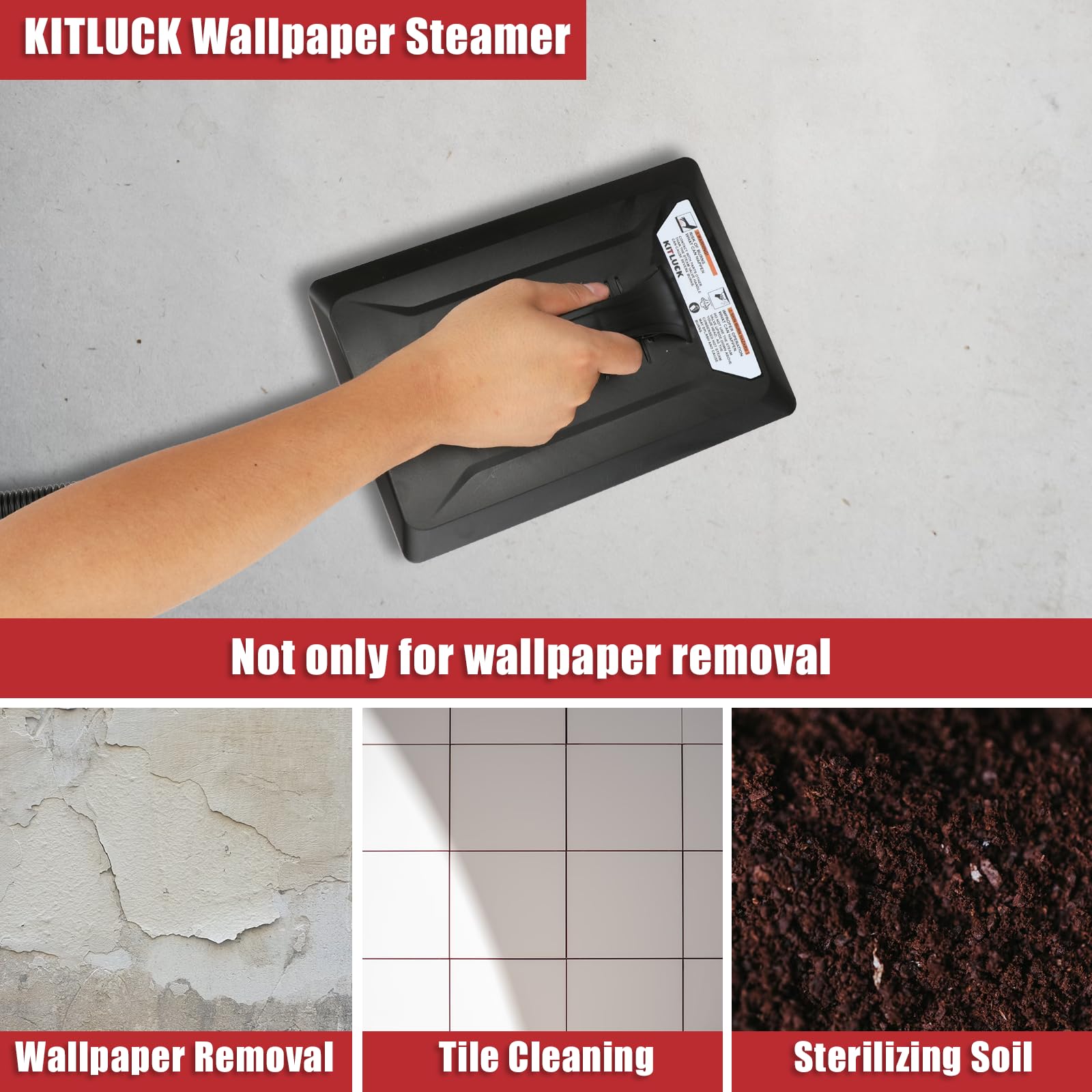 KITLUCK Vaporizador de papel tapiz, removedor de papel tapiz libre de químicos de 1500 W con manguera de enfriamiento táctil de 11.5 pies, tanque de agua de 1.2 galones, placa de vapor grande