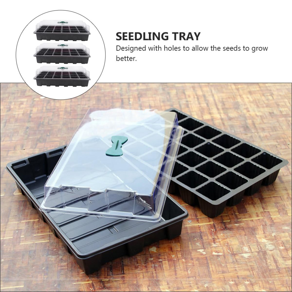 SHINEOFI Lot de 3 Sets de Sets de Plateaux de Germination en PVC Noir Couvercle Transparent, 24 Alvéoles pour Semis, Maintien de Chaleur et Humidité, pour Graines et Plantes