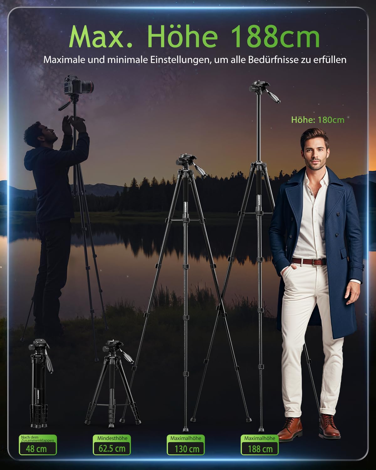 CAMBOFOTO 74" Aluminium Kamerastativ mit 360° Kugelkopf, 1/4 Schraubbefestigung, 4kg Belastbar, Schwarz