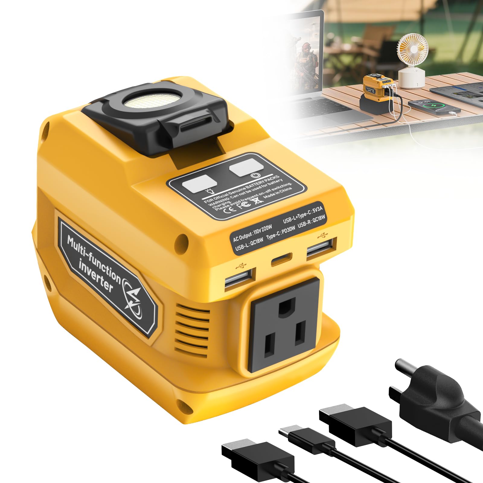 Hisecren 220W Portable Power Inverter Compatible with Dewalt 20V Battery, DC 20V to AC 110V Battery Inverter, Power Station with 400LM LED Work Light,