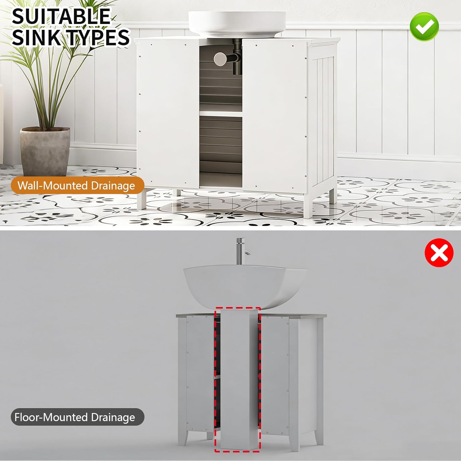 U-Shaped Pedestal Sink Storage Cabinet with 2 Doors & Shelf, Freestanding Bathroom Vanity Organizer Under Sink, 60cm Wide MDF Cupboard for Toiletries & Cleaning Supplies, White