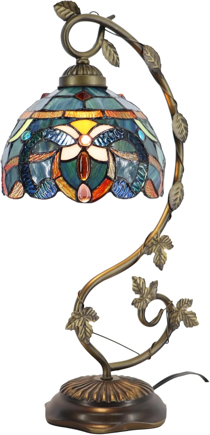 Tiffany Table Lamp, Stained Glass Desk Light, 8X10X21 Inches, Metal Leaf Base (Sea Blue Pearl Style)