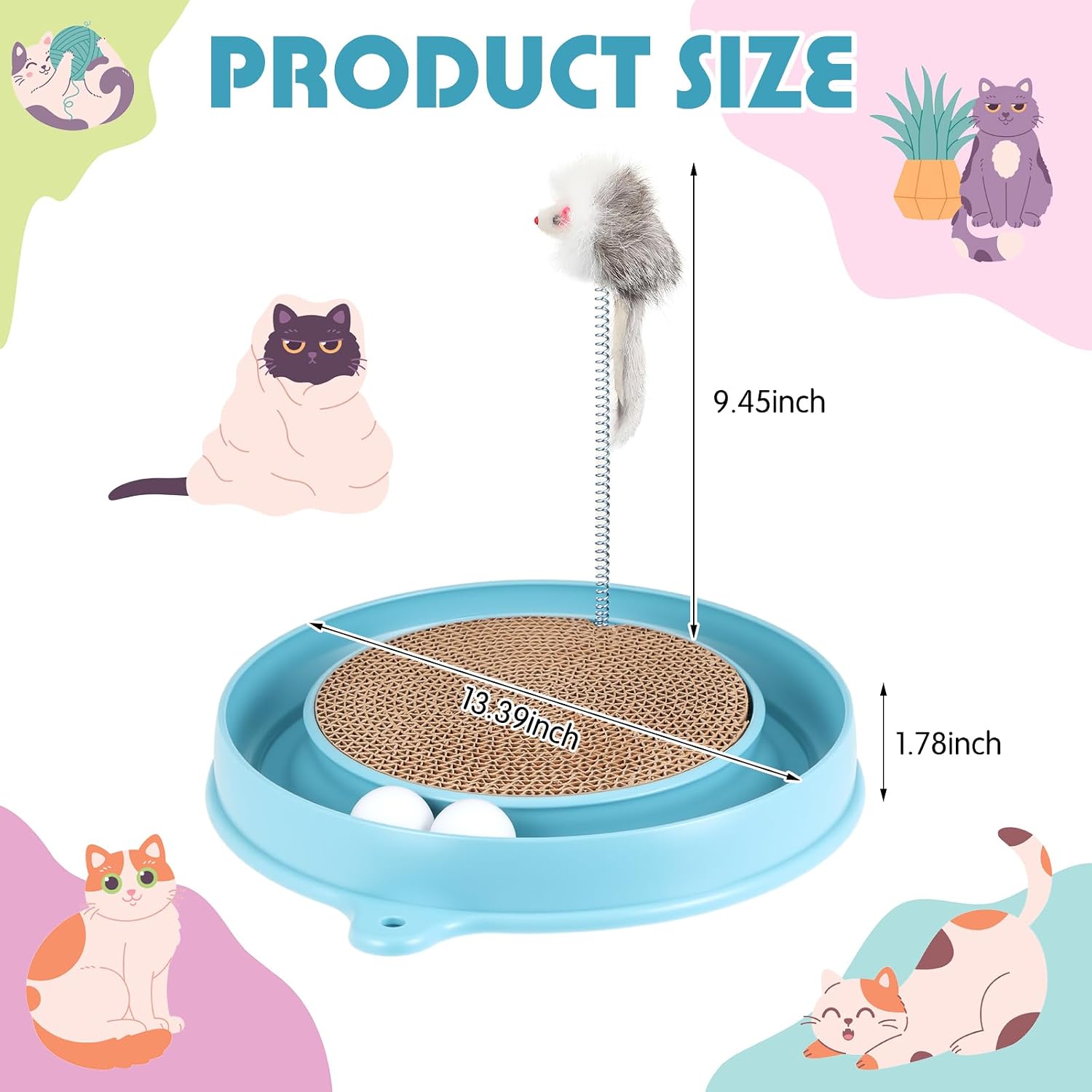AceOrbit 3 Pcs Ball Track Toy Round Cat Scratcher with 2 Replacement Pads | Track Balls with Cardboard Scratcher Board, Feather Wand Toy, Interactive Entertainment for Indoor Cats and Kittens Play