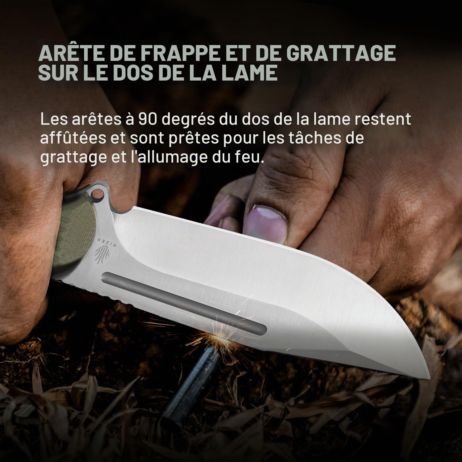 Kizer Couteau Fixe Ursa Major, Lame AEB-L 4.43" G10 Vert Olive, Gainé Survie/Camping Hexagone, Full Tang, 1082A2
