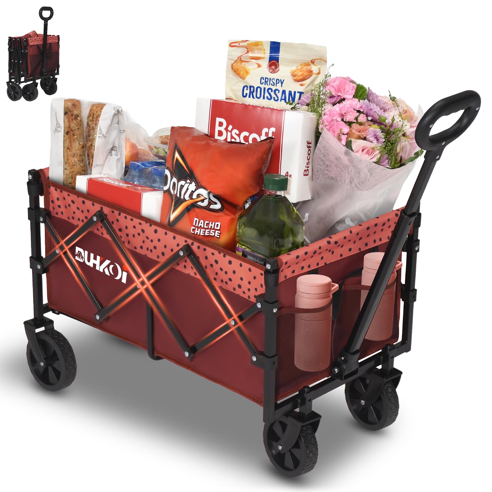 DUHKOI Collapsible Wagon Cart with Wheels Foldable,11 Lbs Lightweight Portable Folding Utility Wagon,90 L Heavy Duty Grocery Shopping Carts,Versatile
