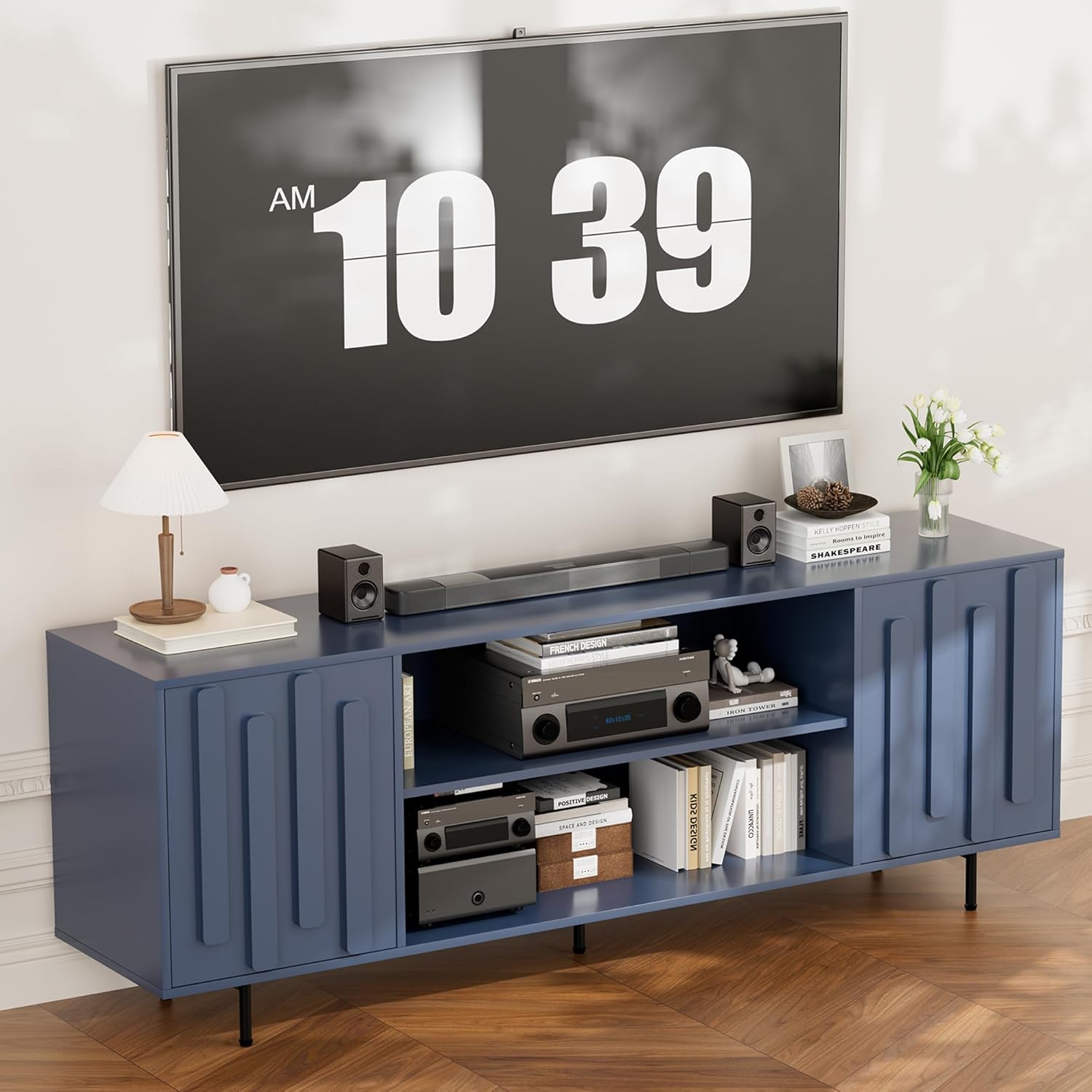 TV Stand for for Living Room, Mid-Century Modern TV Stands for 65" 60" 55" TVs, Fluted Entertainment Center with Storage Cabinet & Open Shelf, Wood TV Media Console Table, Blue