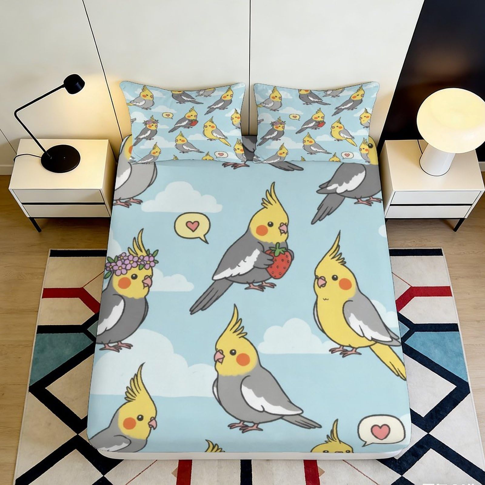 3D Printed Cockatiel Parrot Fitted Sheet Microfiber Animal Cartoon Bird Bed Cover for Bedroom Guest Room Mattress Protection 90x200x25cm