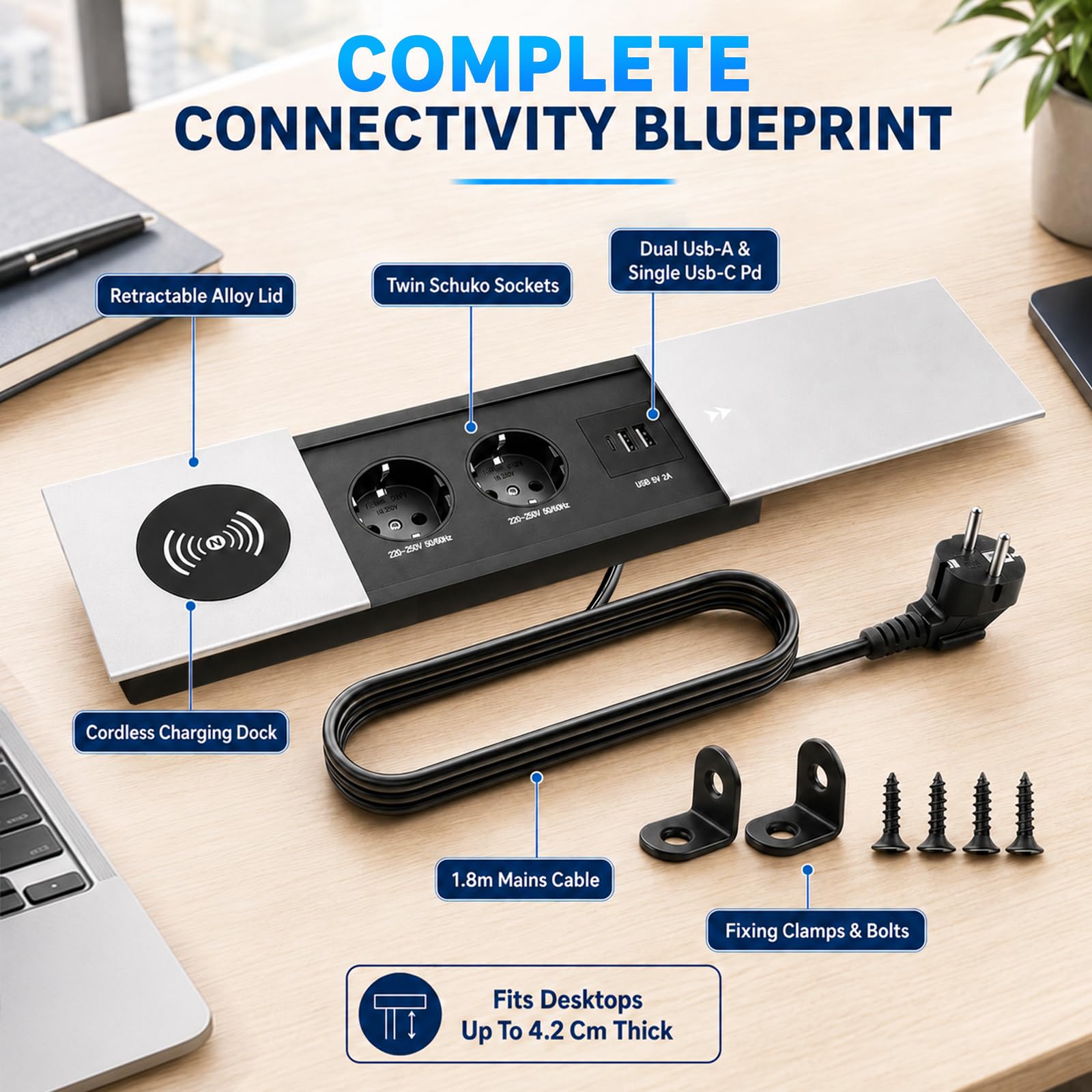 Enchufe de Escritorio Empotrable con 20W USB-C y Carga Inalámbrica(Plateado)