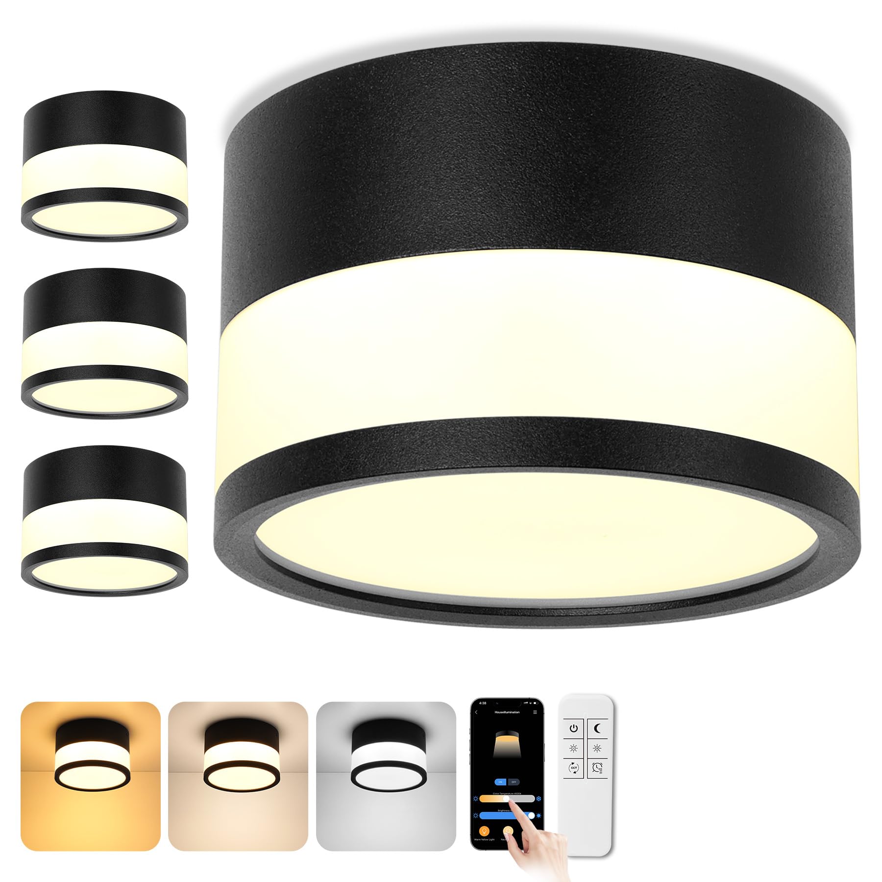 URing 4x LED Aufbauspot Dimmbar, IP65 Deckenleuchte Aufputz mit Fernbedienung APP, 12W Deckenspots Schwarz 2700K-6500K Aufbaustrahler Flach Aluminium 230V Deckenlampe Rund Badezimmer Lampe, Ø10cm