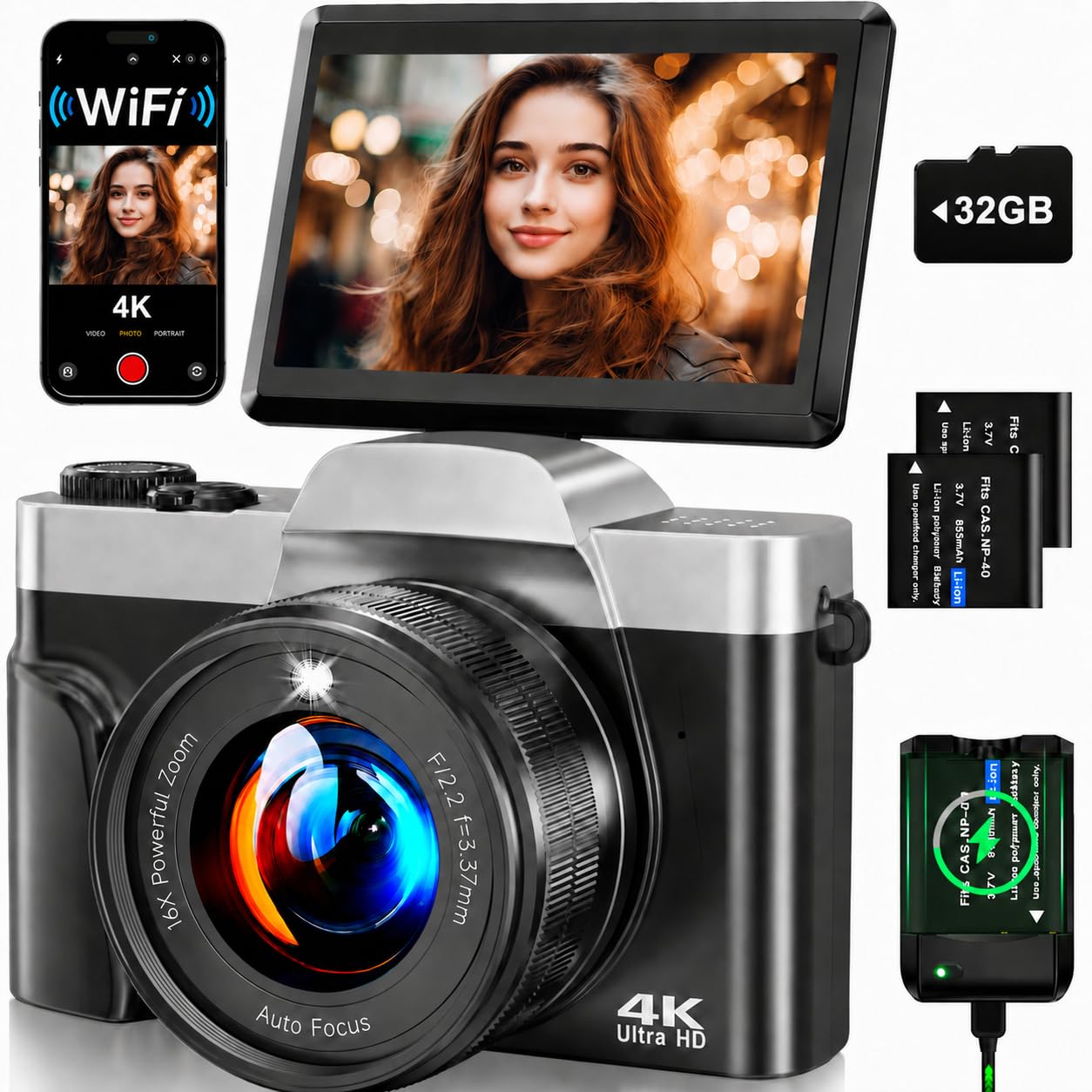 Fotocamera Digitale 4K WiFi, 64 MP Autofocus, Zoom 16X | Schermo ribaltabile da 3 pollici a 180°, scheda 32GB, base di ricarica e 2 batterie per vlog e viaggi