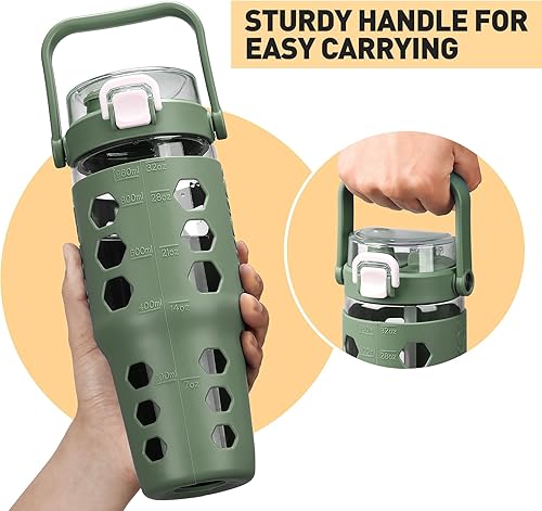 Miniatura 5 de MUKOKO Vaso de vidrio de 32 onzas con popote, botellas de agua de vidrio con marcador de tiempo, taza de café helado con funda de silicona, botellas