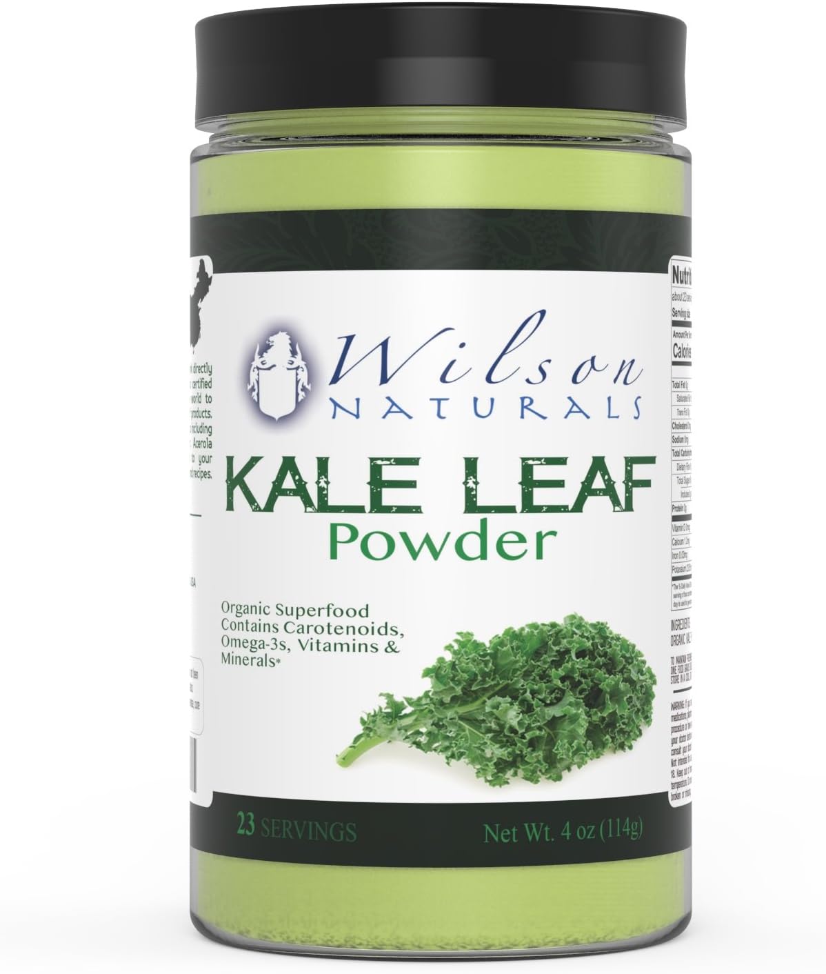 Wilson Naturals Organic Kale Powder Superfood (Non-GMO) - Natural Carotenoids, Omega-3s & No Additives/Fillers โ Pure Kale Vegetable Extract for Shakes and Smoothies 114 grams (57 Servings)