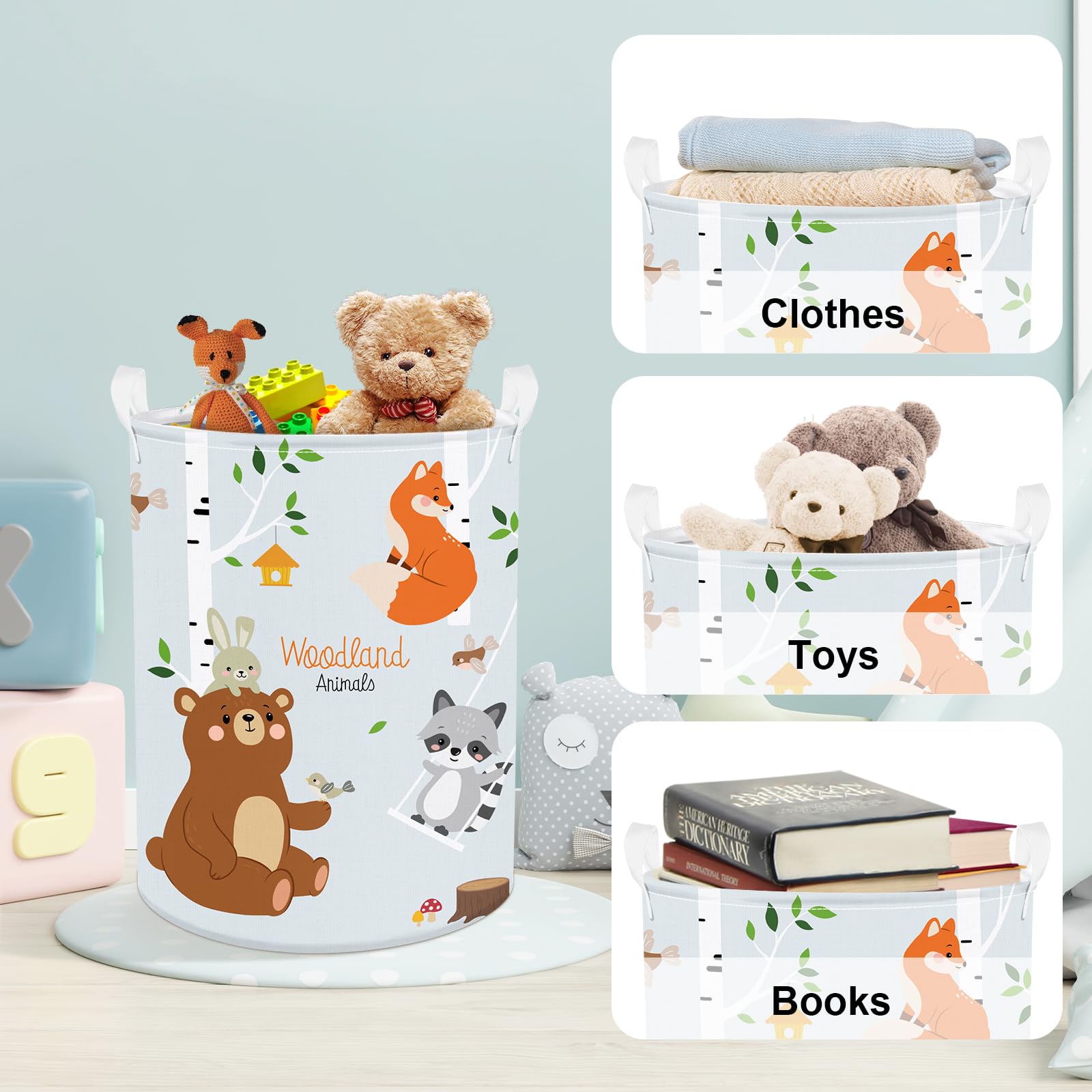 Clastyle 45L Birkenwald Tiere Füchse Bär Waschbär Kinder Wäschekorb Blau Reh Rund Kleidung Spielzeug Aufbewahrungskorb für Kinderzimmer, 36x45 cm