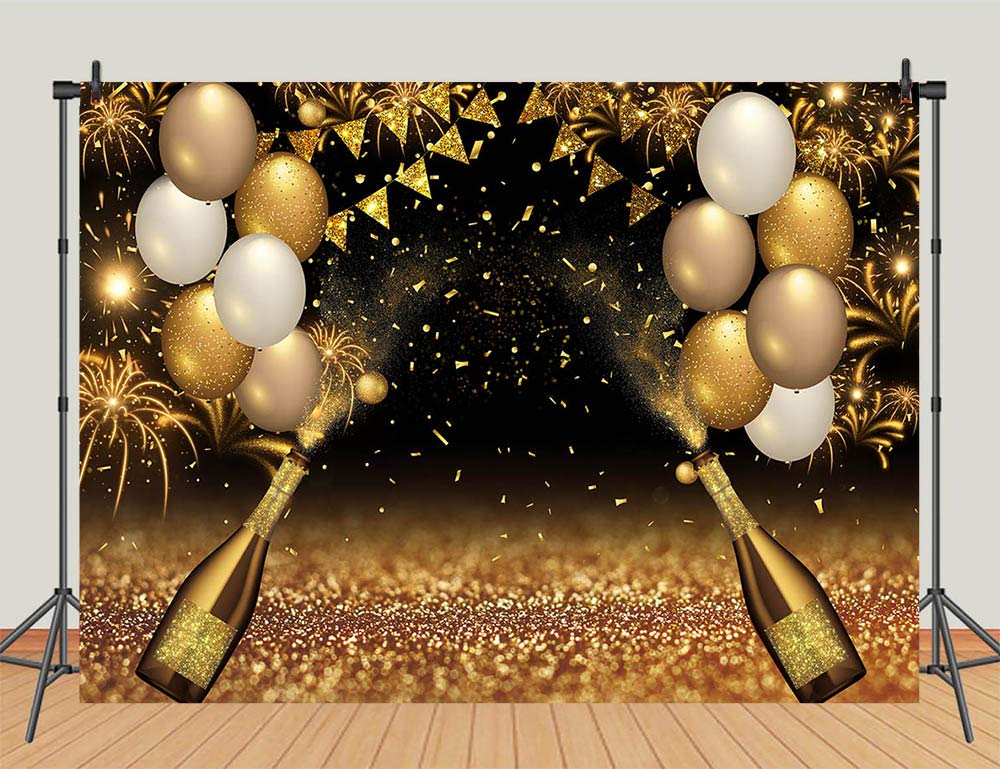 Black Golden Balloons Photography Background Gold Champagne Bokeh Photo Backdrops for Graduation Prom Holiday Party Supplies Father's Day Birthday Decoration Studio Props Banner 7X5ft