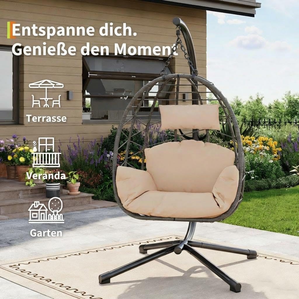 Garvee Hängesessel aus Rattan mit Metallgestell – klappbar, wetterfest, bis 150 kg belastbar, inkl. schwarzer Abdeckung – Outdoor & Indoor Ei-Schaukelstuhl für Garten, Balkon, Terrasse – Graues Rattan