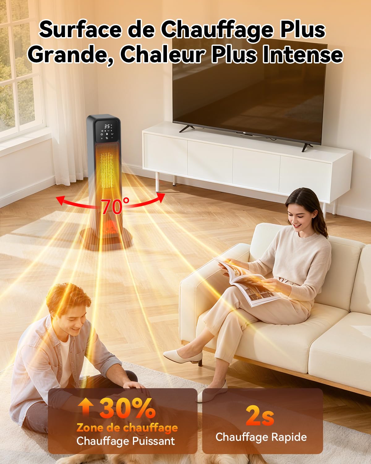 Chauffage d’appoint avec Flamme 3D, Chauffage Electrique Oscillant 70°, Radiateur Electrique Céramique PTC 2200W, 4 Modes, Mode ECO, Minuterie 12H, Silent, Contrôle Précis, Protection Multiple, Maison
